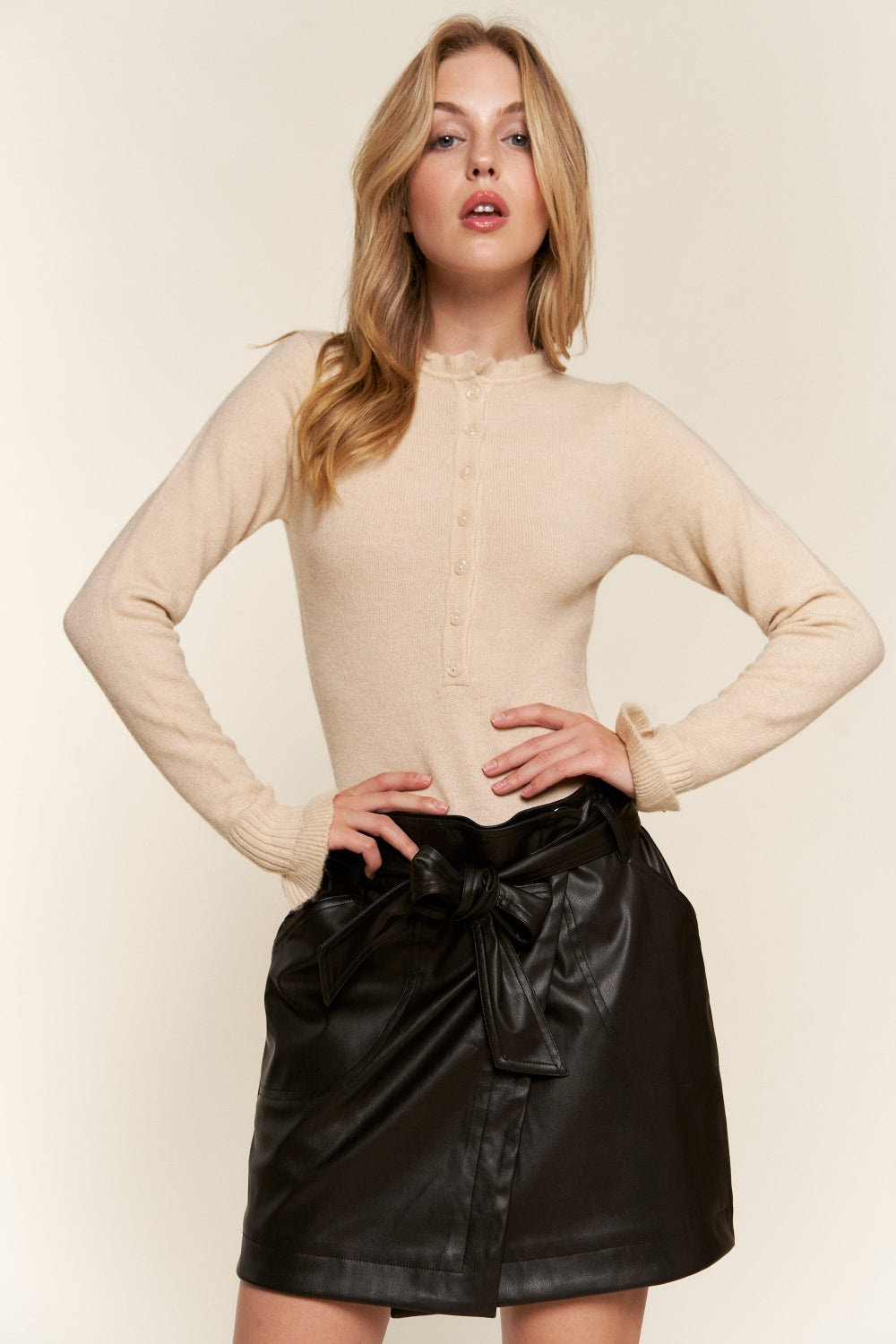 Beige Long Sleeve Bodysuit for Women - Stretchy Comfortable Basic Layering Piece - Perfect for Work, Date Night & Everyday Wear