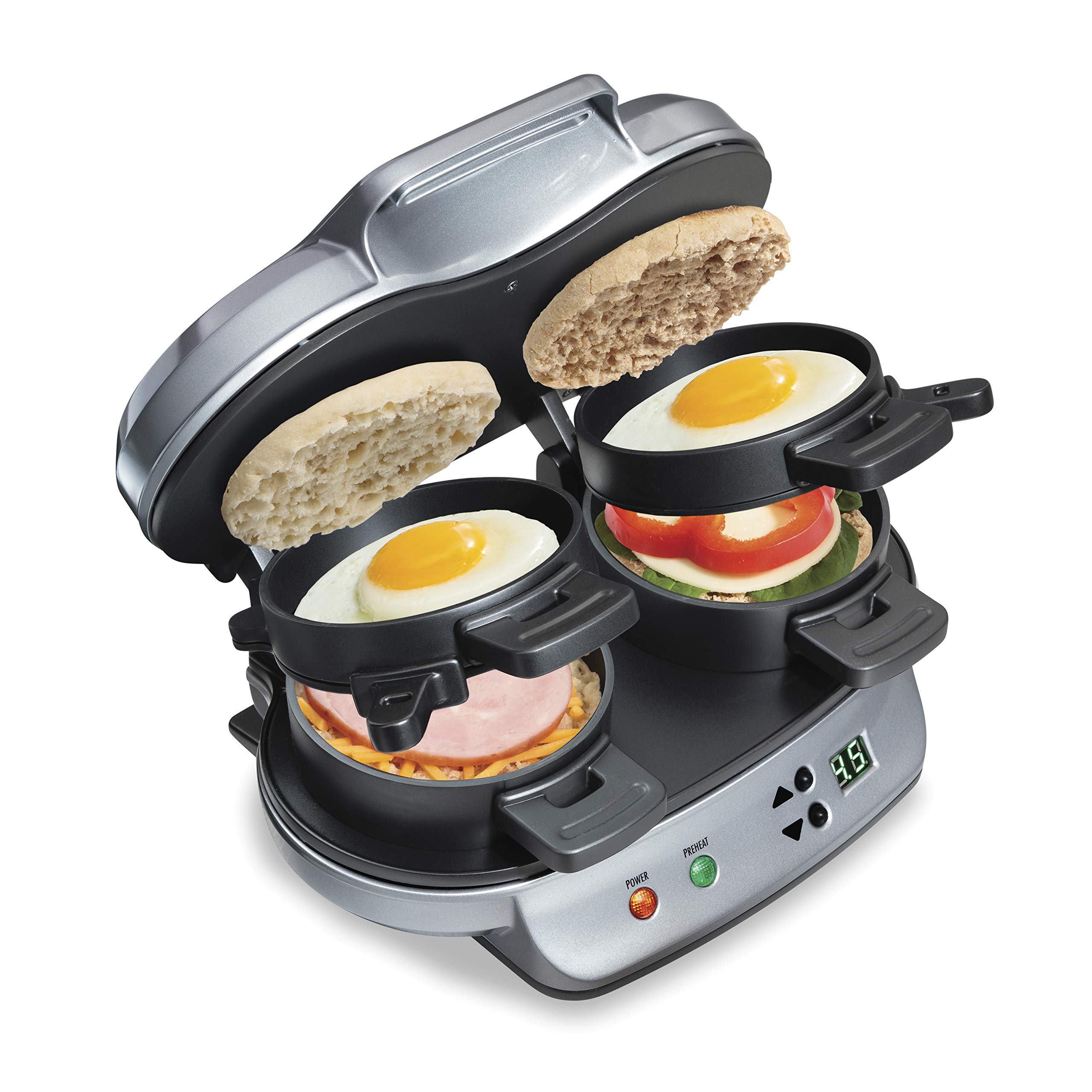 Hamilton Beach 25490A Dual Breakfast Sandwich Maker with Timer - Silver | Quick & Easy Breakfast Solution for Home, Office, or Dorm | Perfect for Eggs, Cheese & Bacon Sandwiches