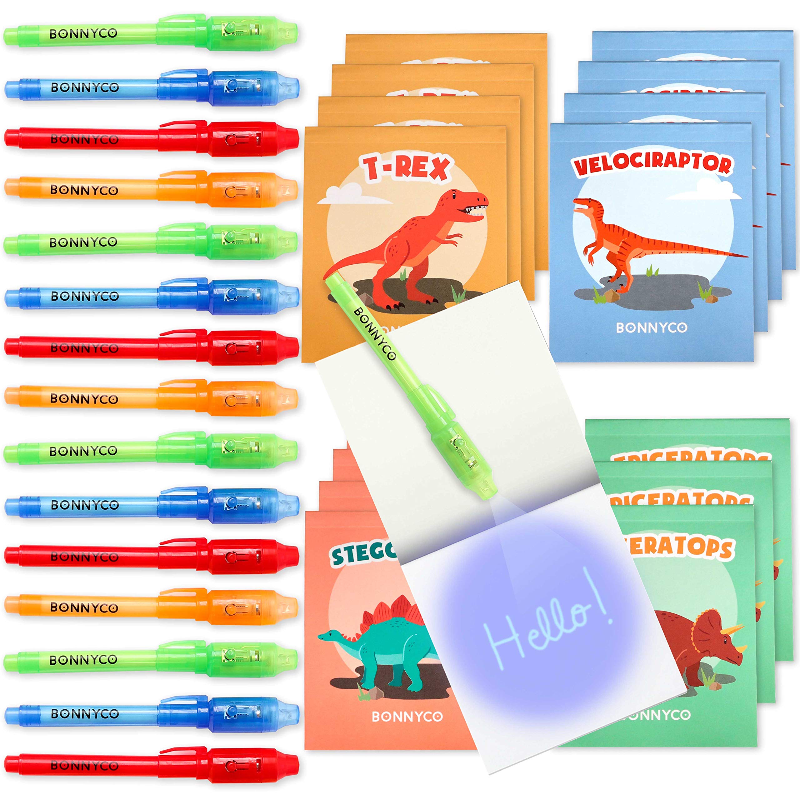 BONNYCO 16-Pack Invisible Ink Spy Pen & Notebook Set - Dinosaur Themed Magic Writing Kit for Kids Birthday Parties, Classroom Rewards & Secret Agent Games | Fun Party Favors, Student Prizes & Creative Play Activities