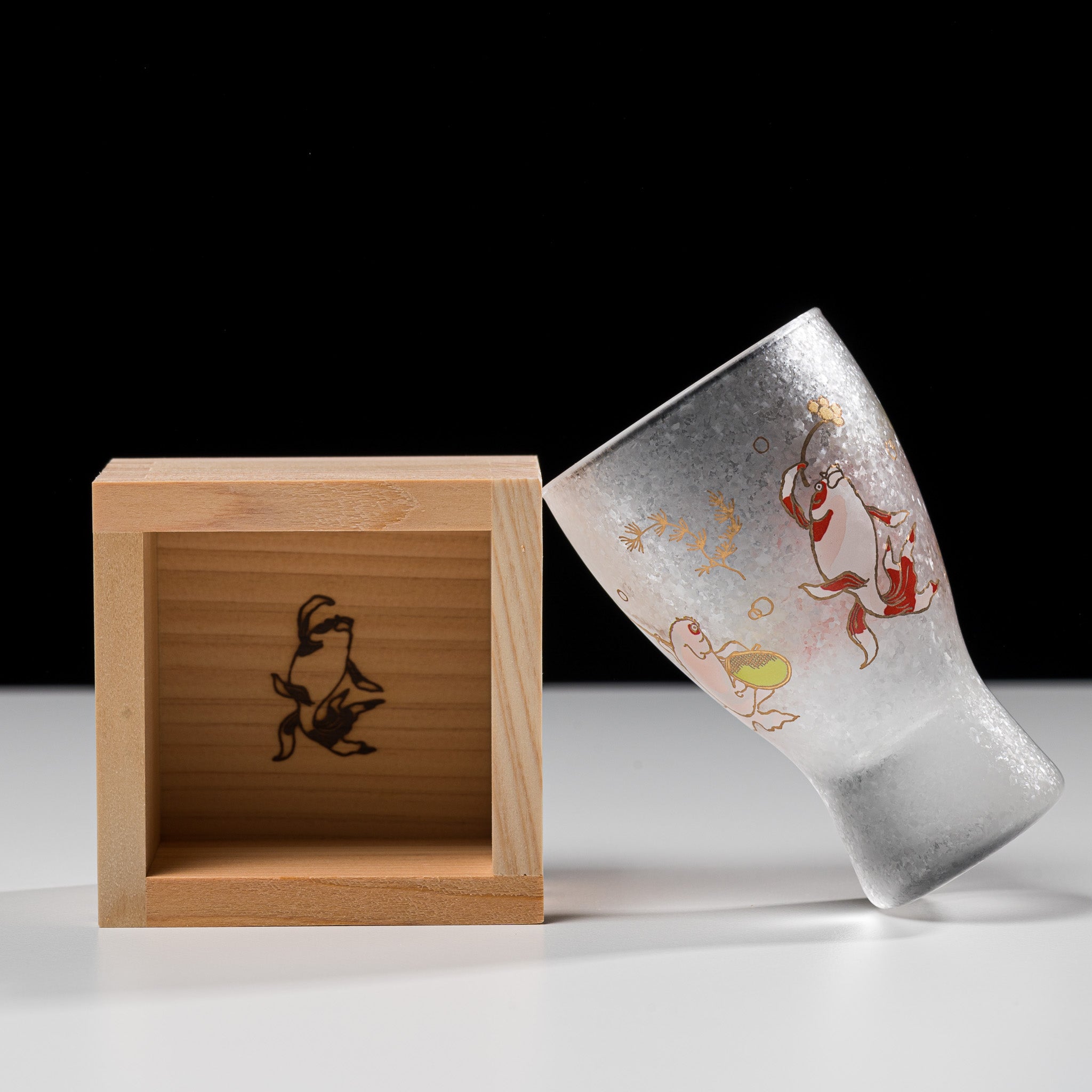 Lucky Animals Masuzake Sake Cup with Wooden Masu - Golden Fish Design for Japanese Sake Ceremony & Home Bar Decor