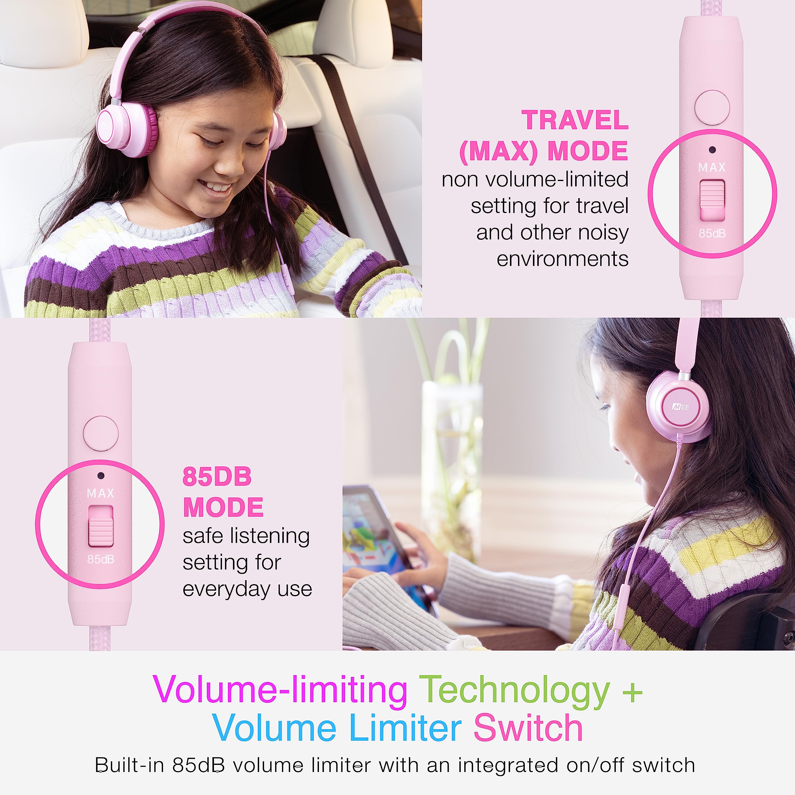 MEE audio KidJamz KJ45 Kids Headphones with Volume Limiter & Built-in Mic - Safe On-Ear Adjustable Headset for Children, 3.5mm Jack Wired - Ideal for Online Learning, School Classes, Travel & Tablet Use (Pink/Magenta)