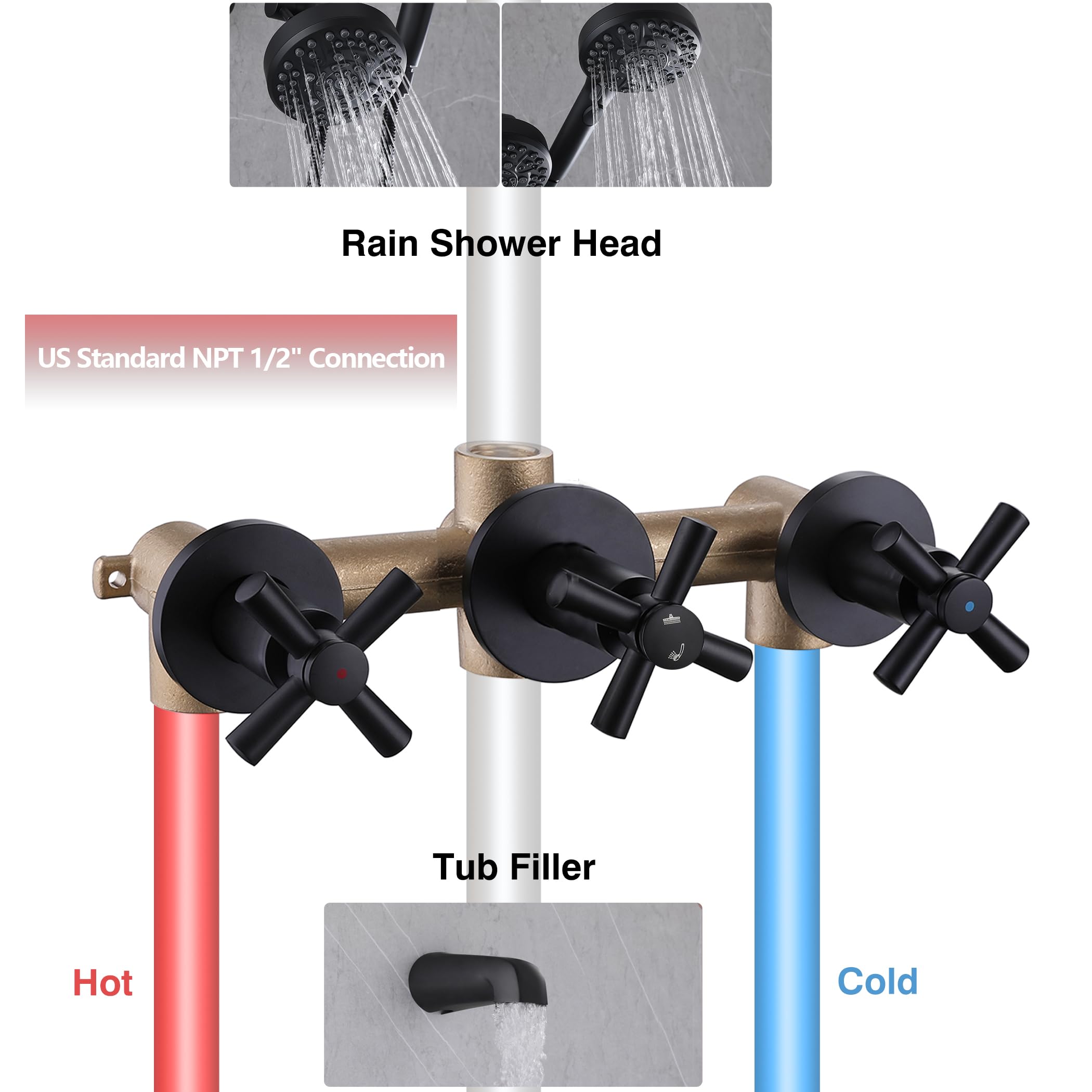3 Handle Matte Black Tub Shower Faucet Set with Tub Spout & Valve - Complete Bathtub Shower Trim Kit for Bathroom Renovation | Perfect for Modern Home & Spa-Like Shower Experience