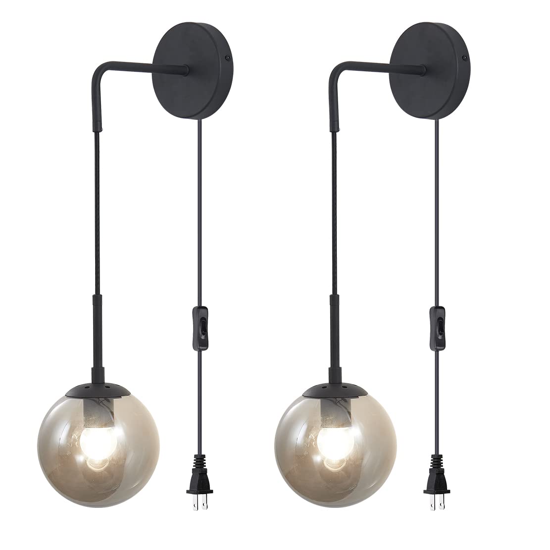 Modern Smoke Gray Glass Wall Sconce Lighting - Set of 2 Plug-in Cord Mid Century Matte Black Wall Lights for Bathroom Vanity & Bedroom - Energy Efficient Globe Fixture for Home Decor (Smoke Gray)