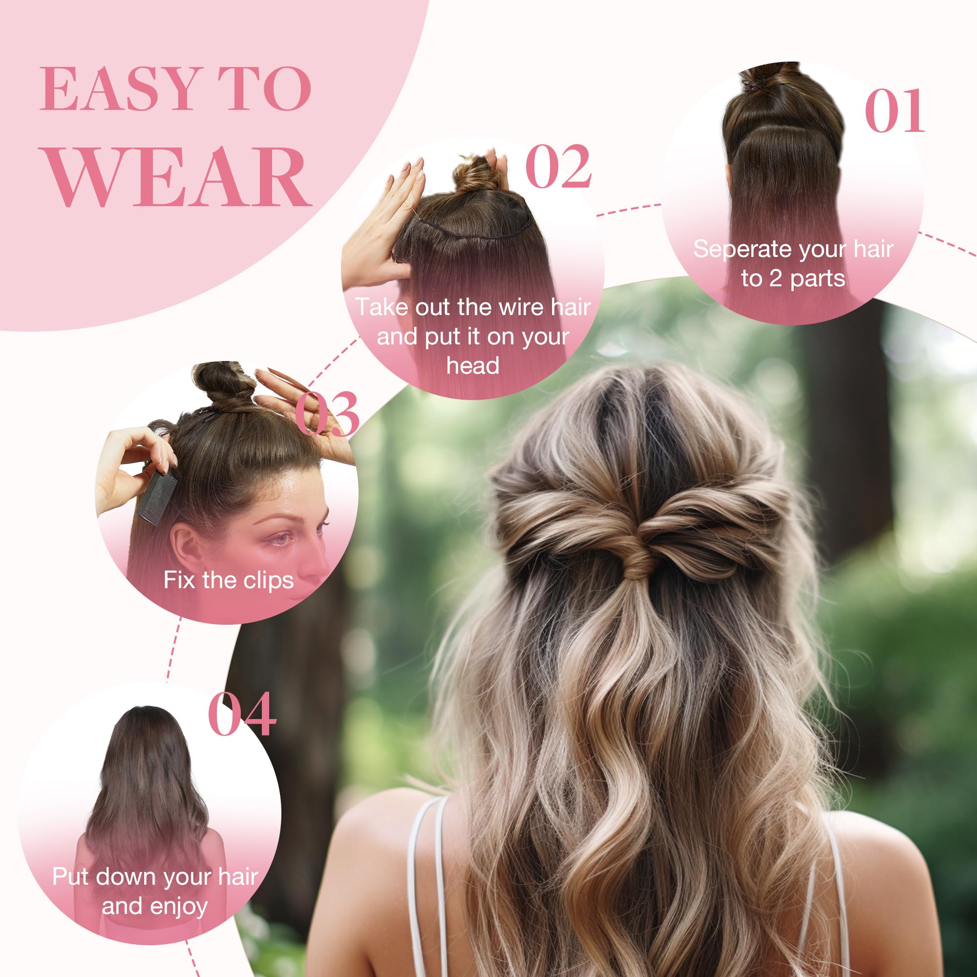 GOO GOO 20 Inch Jet Black Human Hair Extensions - 110g Invisible Wire Hairpiece with Transparent Fish Line for Seamless Blending | Perfect for Parties, Weddings, and Daily Styling