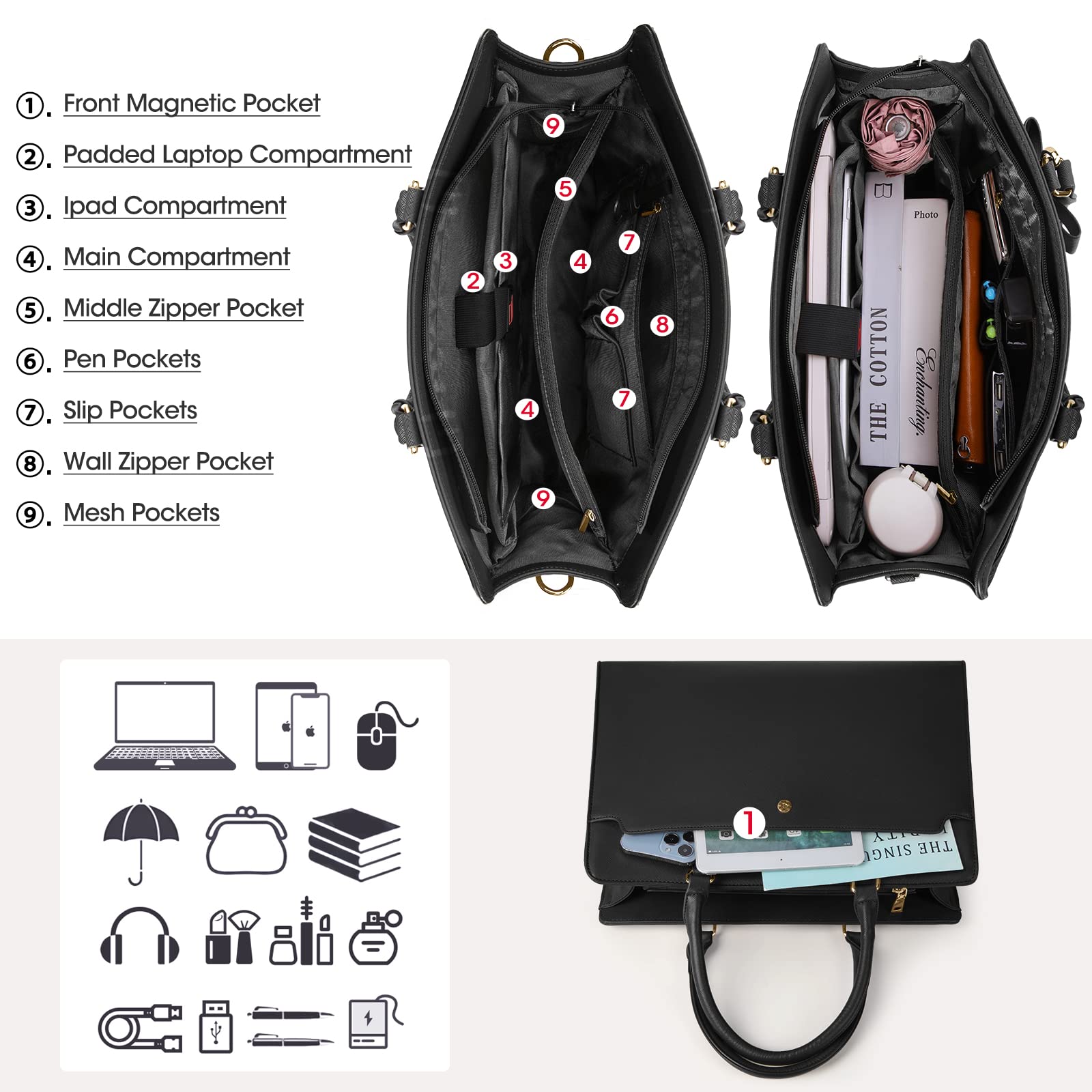 RAINSMORE 15.6 Inch Leather Laptop Tote Bag for Women - Waterproof Business Office Briefcase, Large Capacity Work Bag, Shoulder Handbag, Black - Perfect for Commuting, Travel, and Professional Meetings