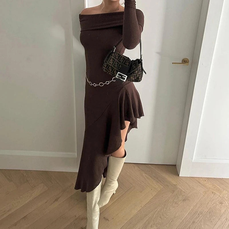 Elegant Asymmetrical Brown Midi Dress for Women - Ruffled Slash Neck Bodycon Dress with Long Sleeves | Perfect for Autumn Parties, Date Nights & Office Wear