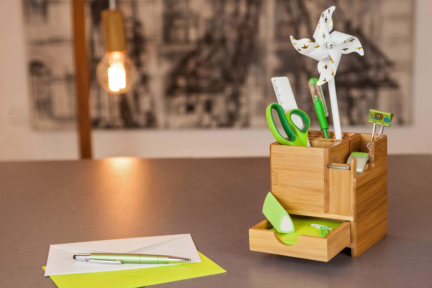 Desktop Organizer with Adhesive Tape Dispenser - Office Desk Accessories for Paper Clips, Pens & Stationery - Perfect for Home Office, School & Workspace Organization