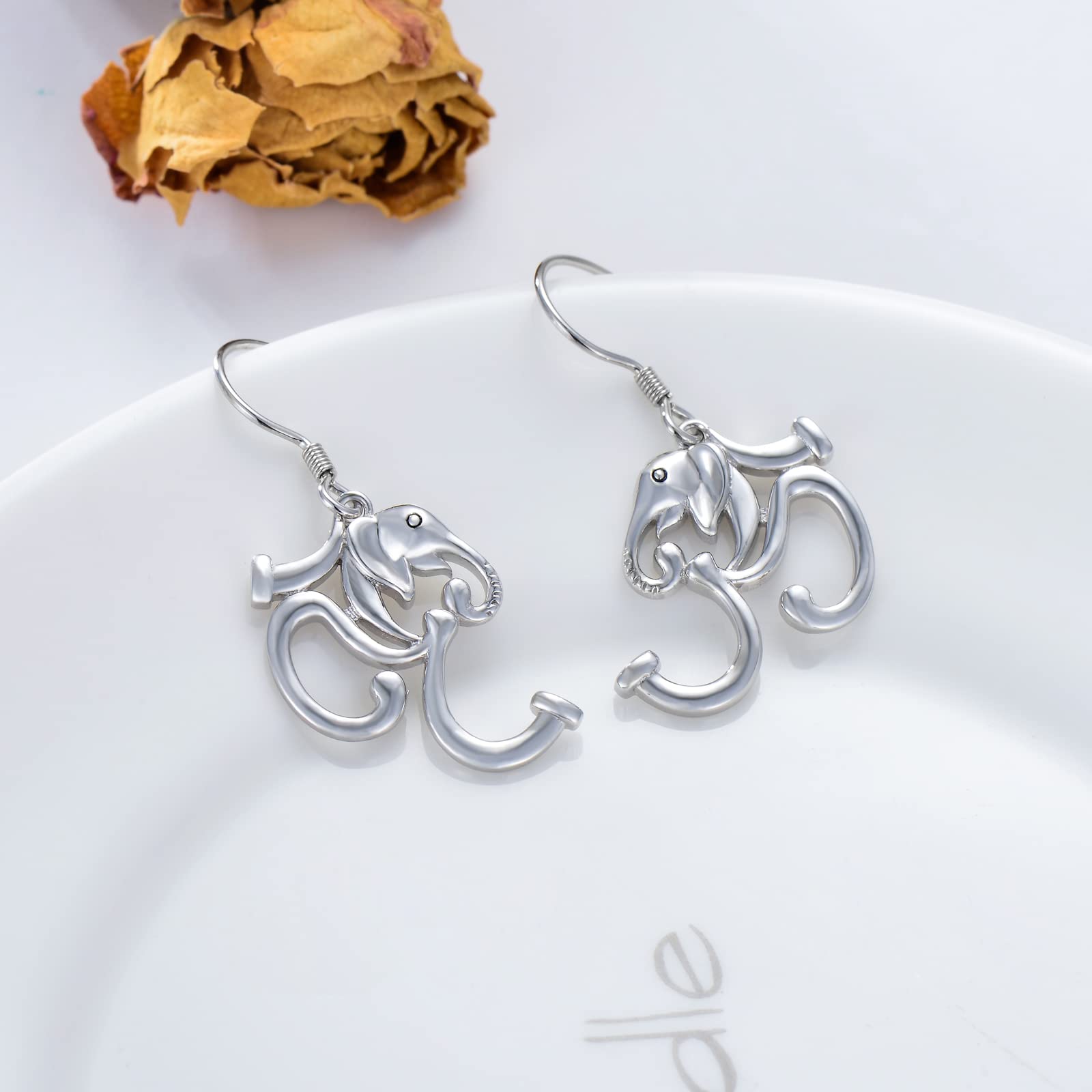 RMREWY 925 Sterling Silver Elephant Dangle Drop Earrings with Om Symbol - Yoga Jewelry for Women - Perfect for Meditation, Yoga Practice & Boho Fashion