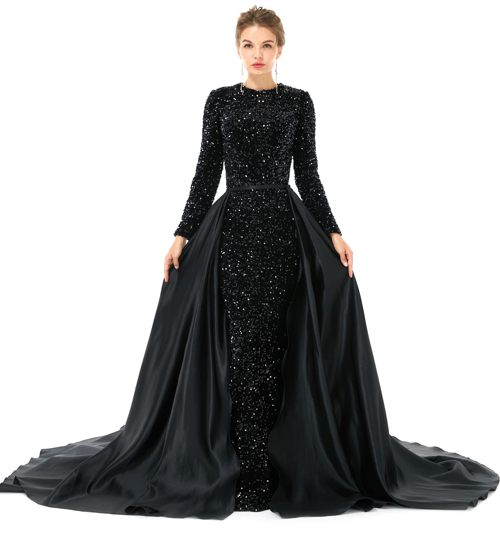 Elegant Women's Long Sleeve Sequin Mermaid Evening Dress with Detachable Sleeves - Perfect for Prom, Gala, Wedding & Formal Events