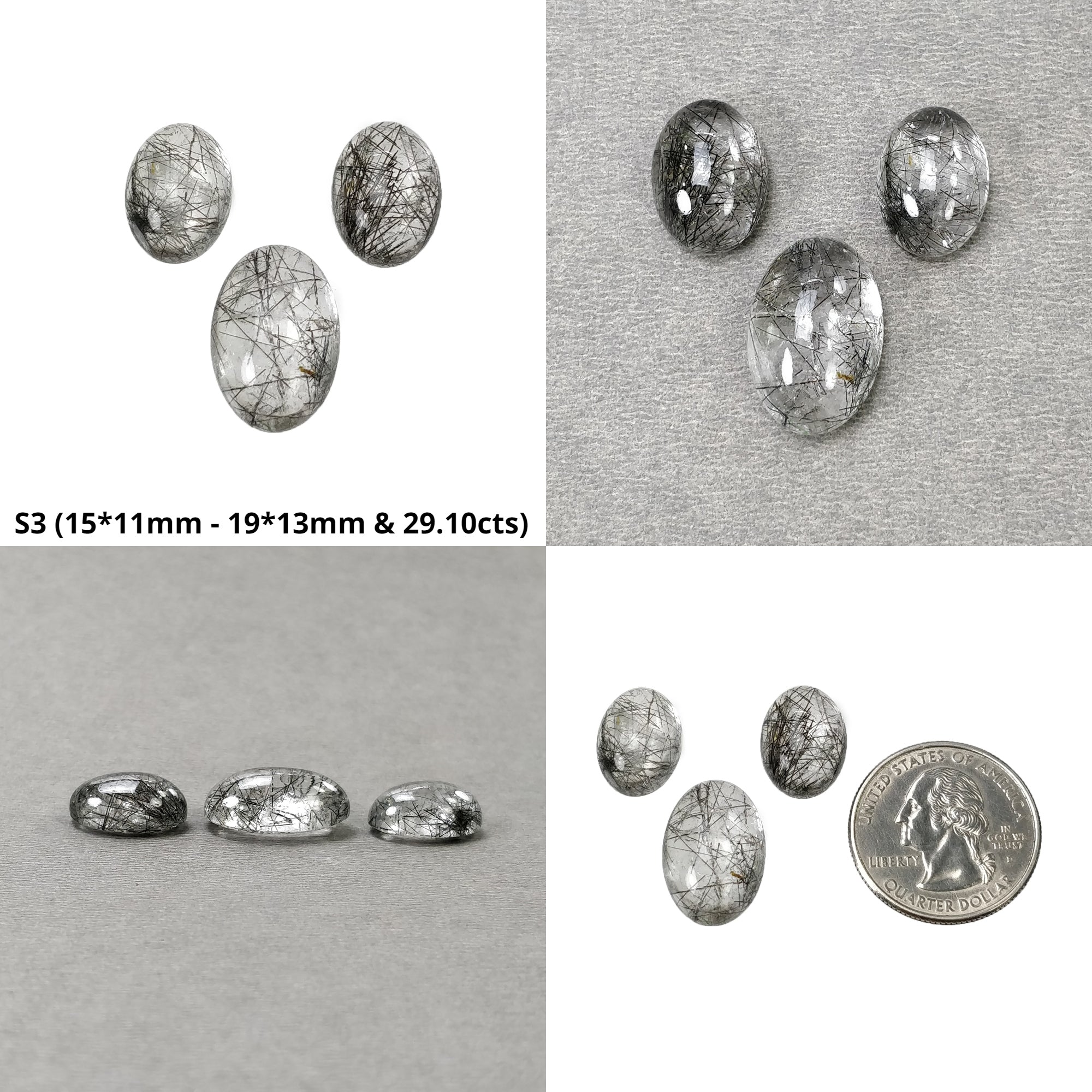 Natural Black Rutile Quartz & Tanzanite Gemstone Cabochon Set - Untreated, Unheated Oval Shape (3pcs & 4pcs) for Jewelry Making, Wire Wrapping & Crystal Healing