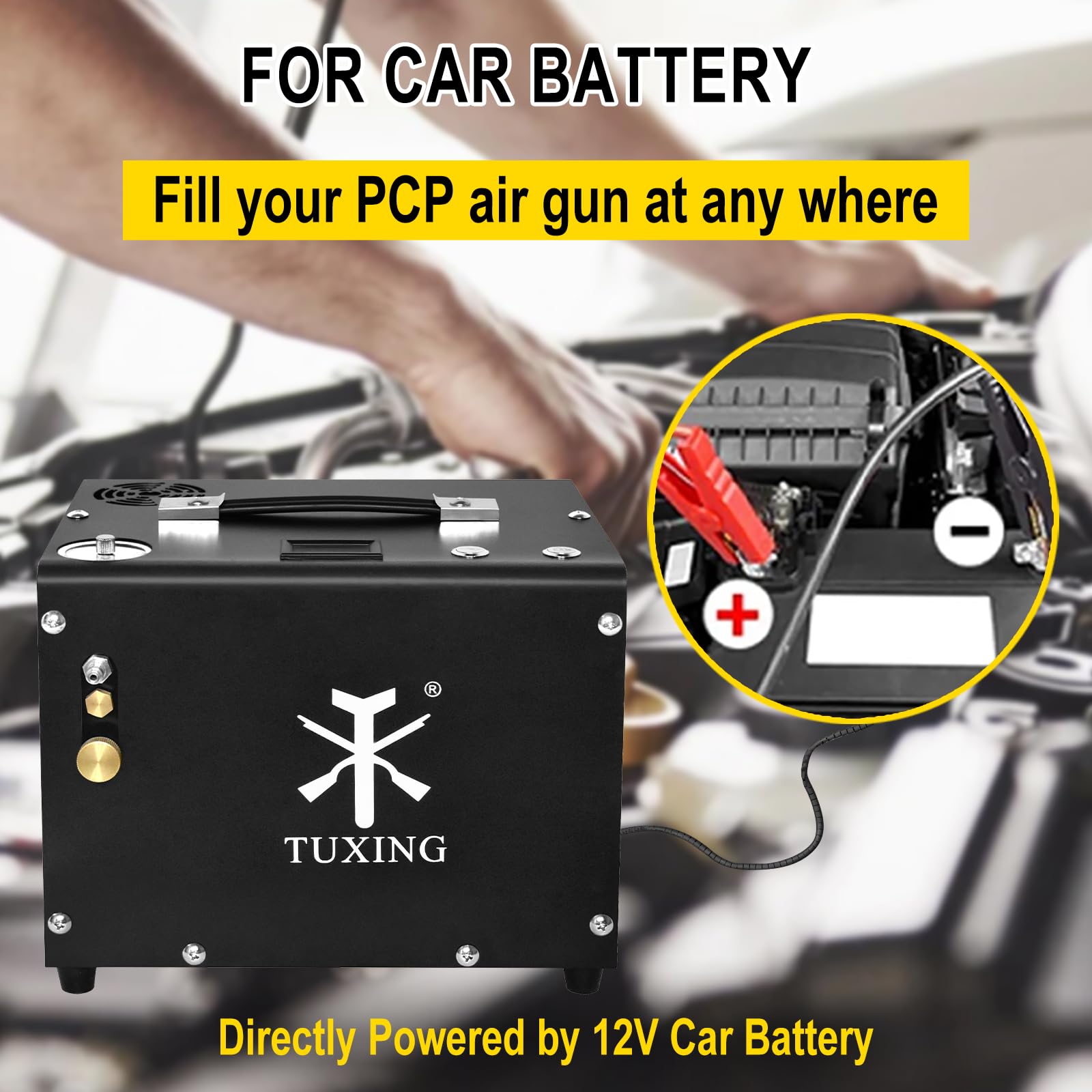 TUXING 4500PSI PCP Air Compressor - Portable High Pressure Air Pump with Auto-Stop, 12V DC & 110V/220V AC Power, Built-in Cooling Fan & Adapter - Perfect for Paintball, Air Rifle, Mini Scuba Tank & PCP Airgun Refilling