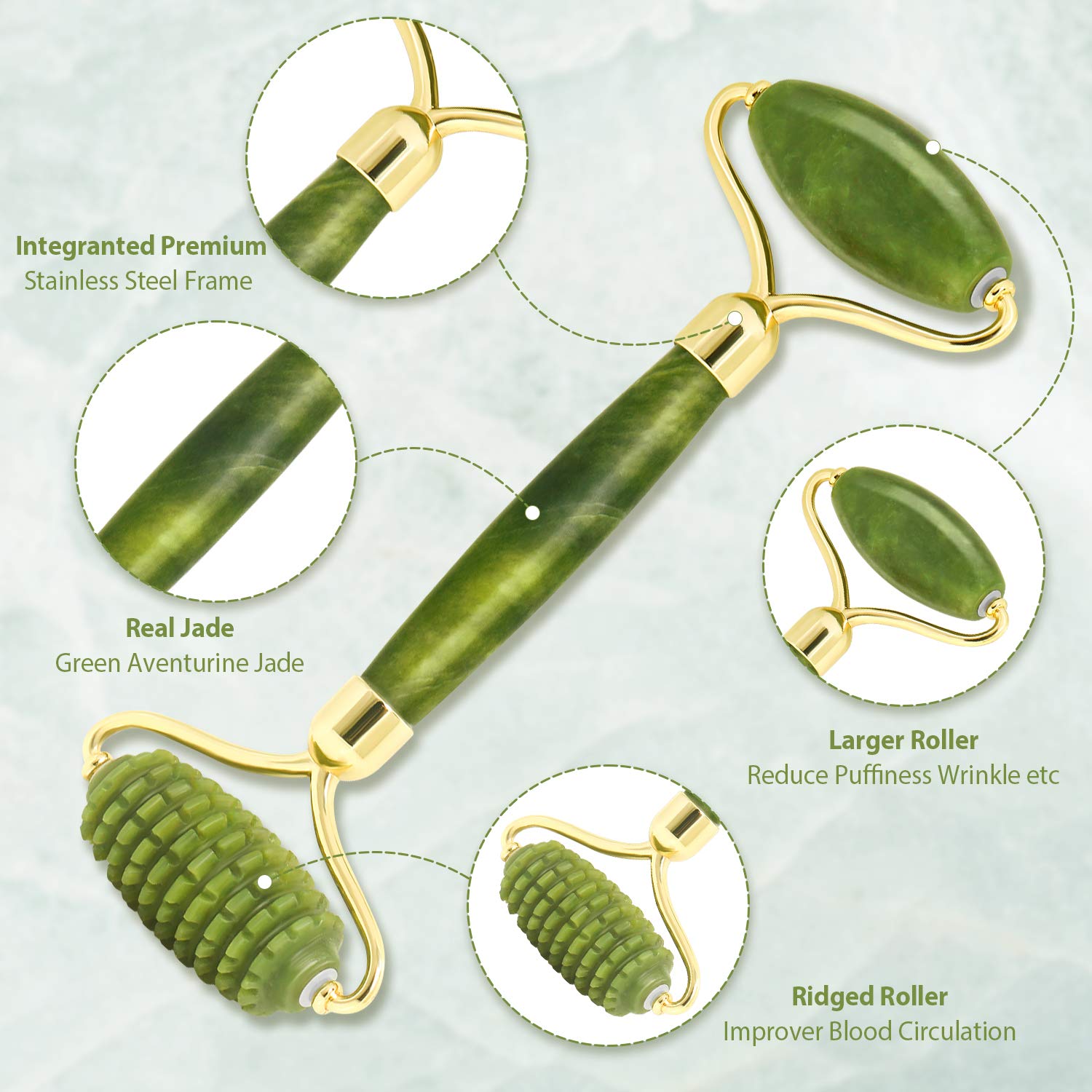 Jade Gua Sha & Roller Set for Face & Neck - Green Jade Stone Facial Massager for Puffiness, Skin Tightening & Rejuvenation | Perfect for Skincare Routine, Spa Days & Anti-Aging Treatment