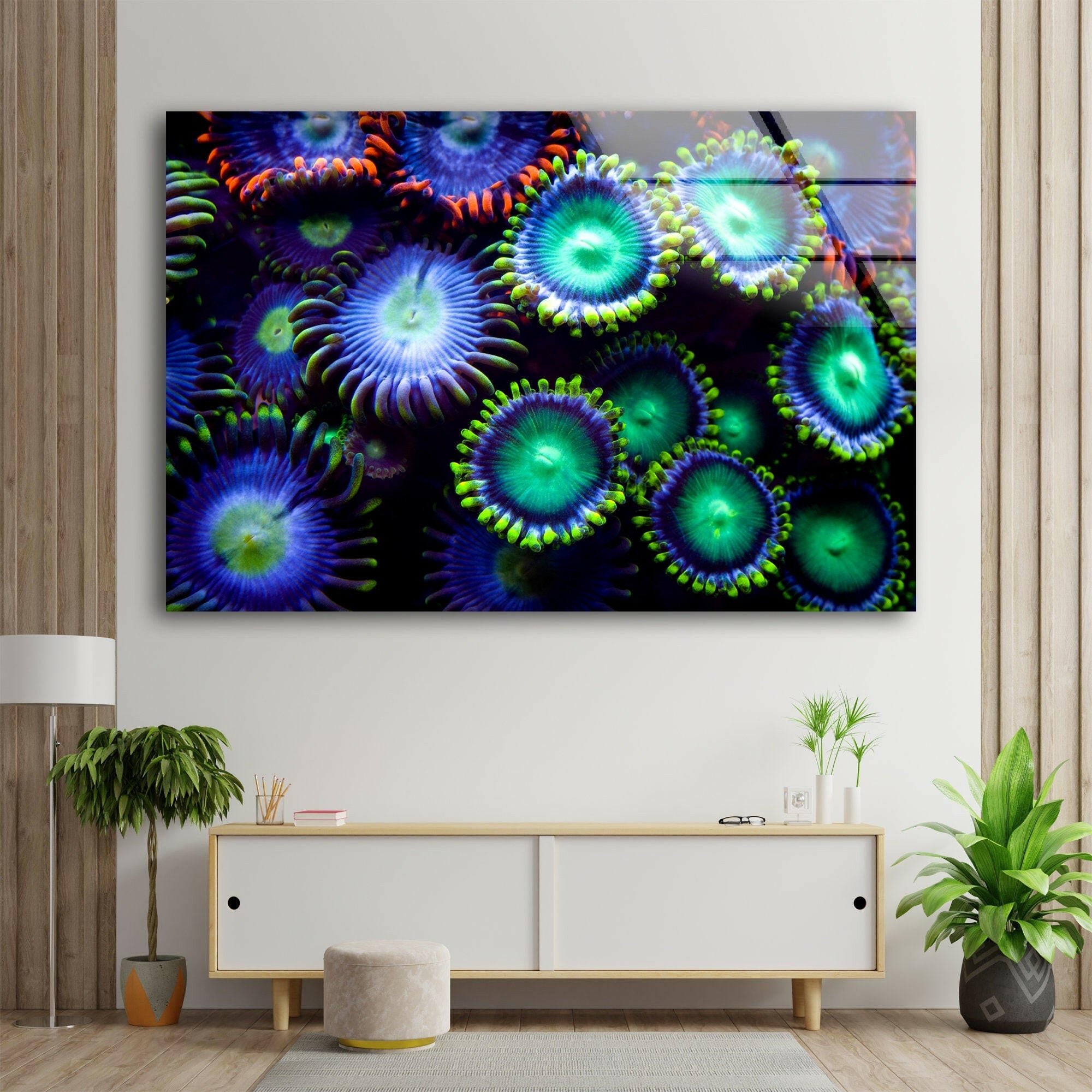 Bioluminescent Coral Bloom Glass Wall Art - Stunning Underwater Glow Decor for Living Room, Bedroom & Office