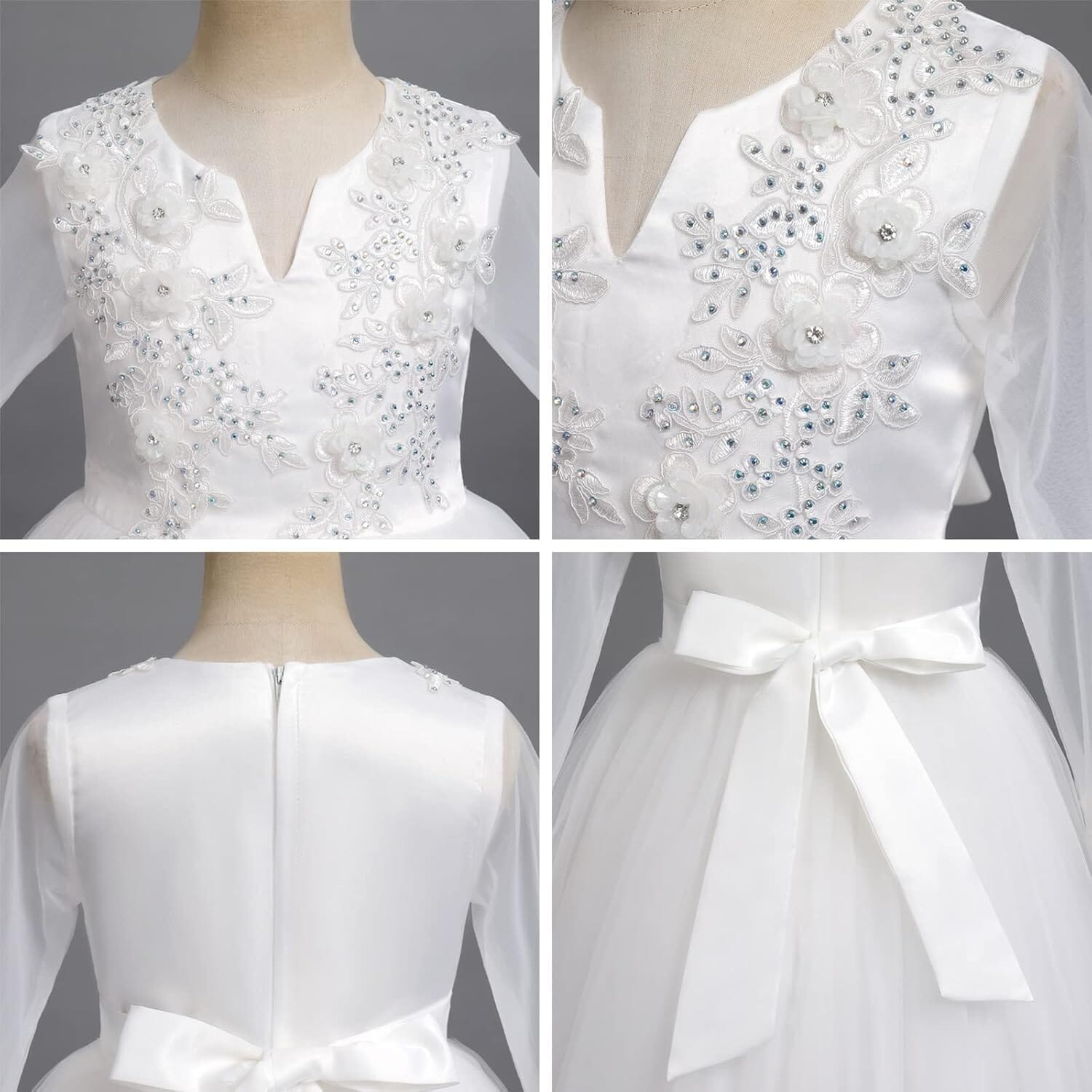 White Communion Dress for Girls - Elegant First Holy Communion Gown with Lace & Satin Details - Perfect for Church Ceremonies & Special Occasions