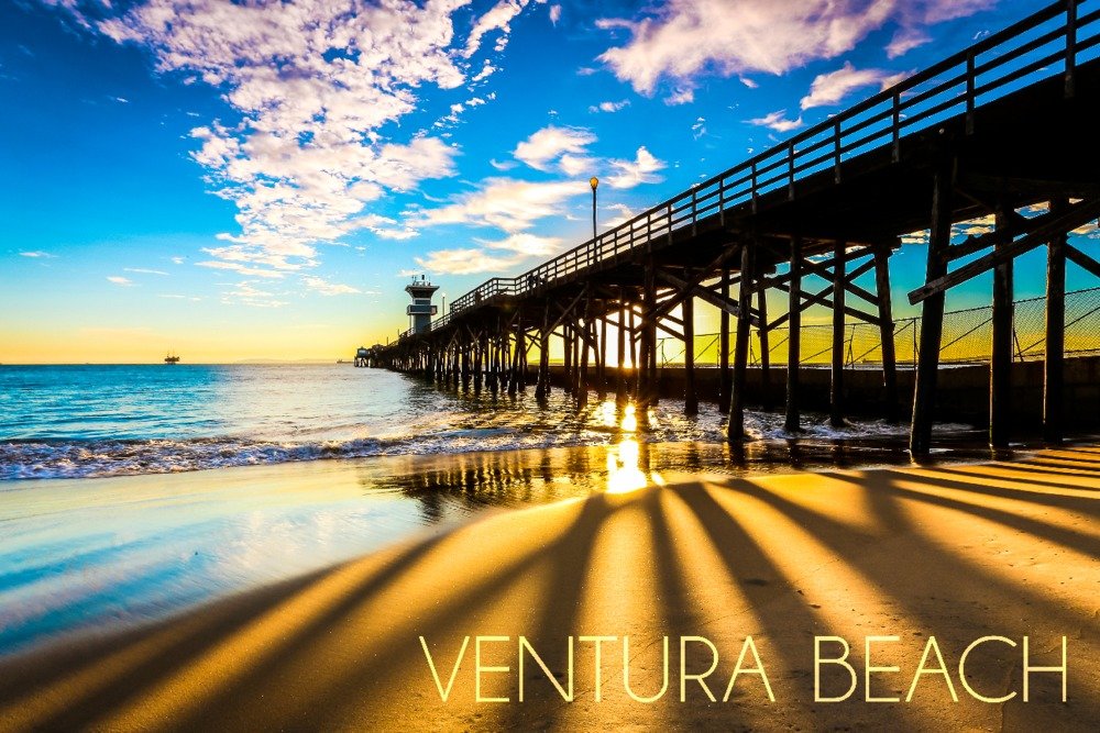 Ventura Beach California Sunset Seal Beach Pier - 36x54 Giclee Gallery Print Travel Poster Wall Art Decor for Living Room, Bedroom & Office