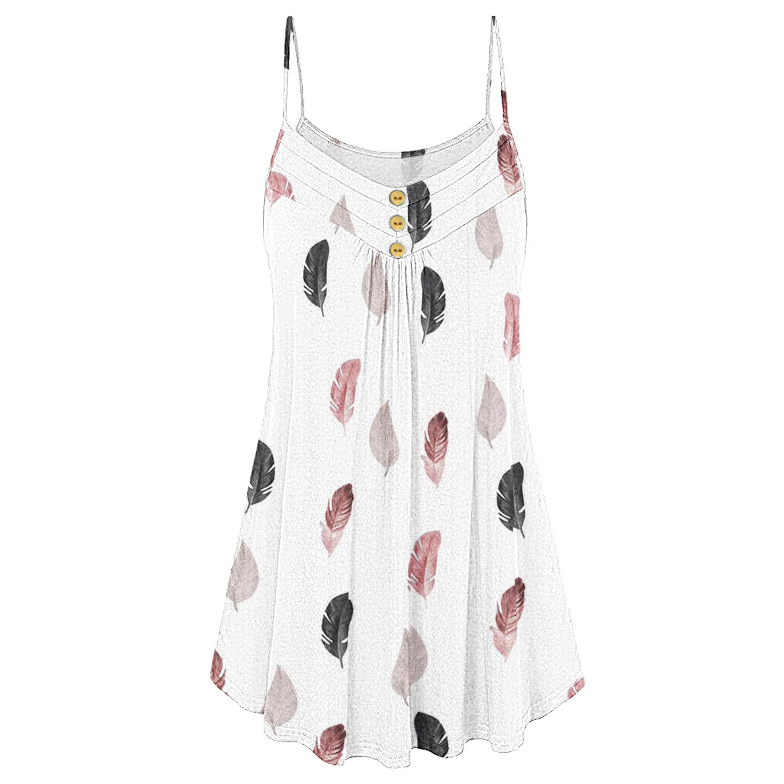 NLOMOCT Women's Casual Summer Tops - Loose Fit Feather Print Spaghetti Strap Button Cami Vest | Perfect for Beach Outings, Music Festivals & Summer Vacations