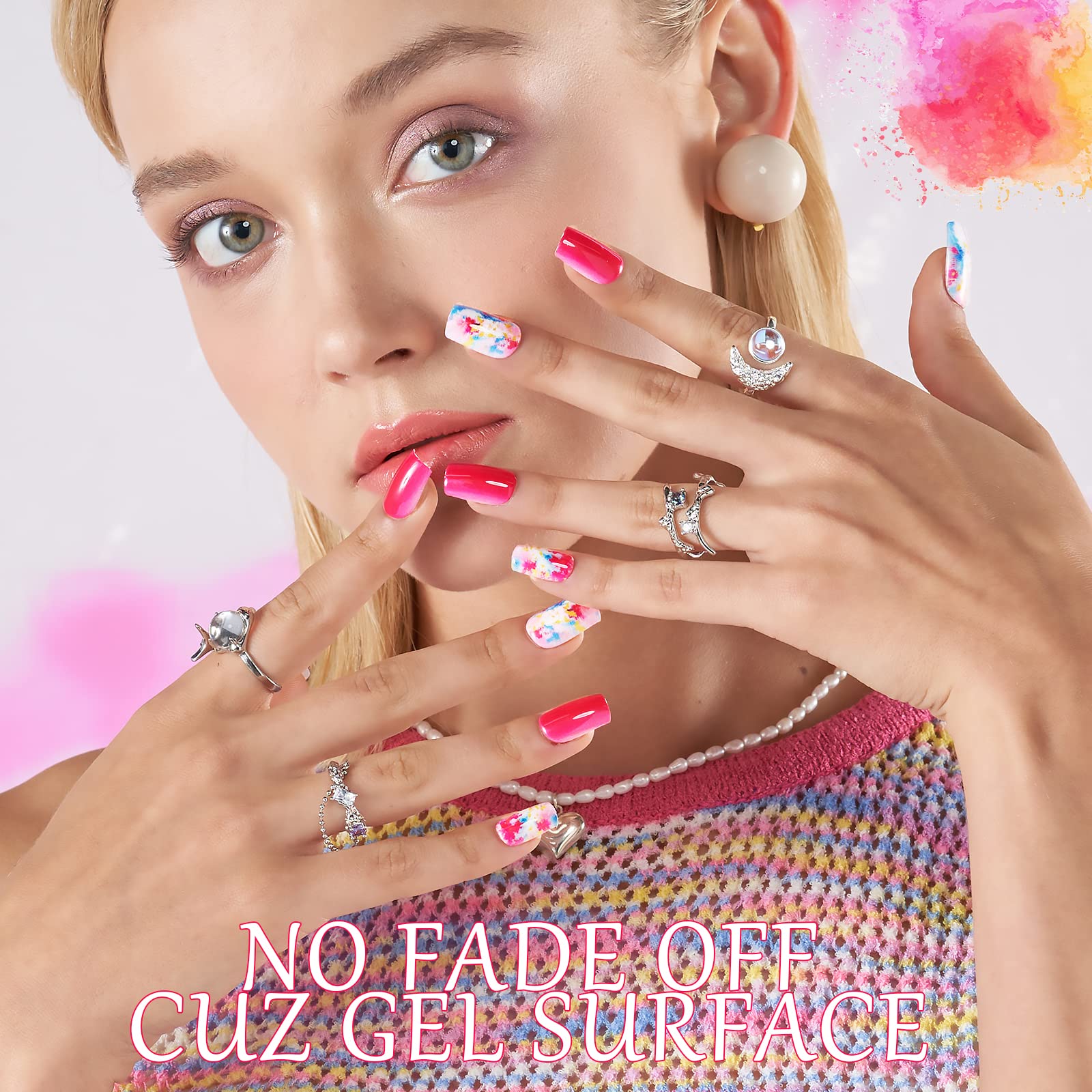 Glamermaid Medium Square Press On Nails - 24Pcs Spring Summer Red Watercolor Gel Fake Nails with Glossy UV Finish | Short Coffin Acrylic False Nails for Women | Reusable Manicure Kit for Parties, Weddings & Everyday Wear