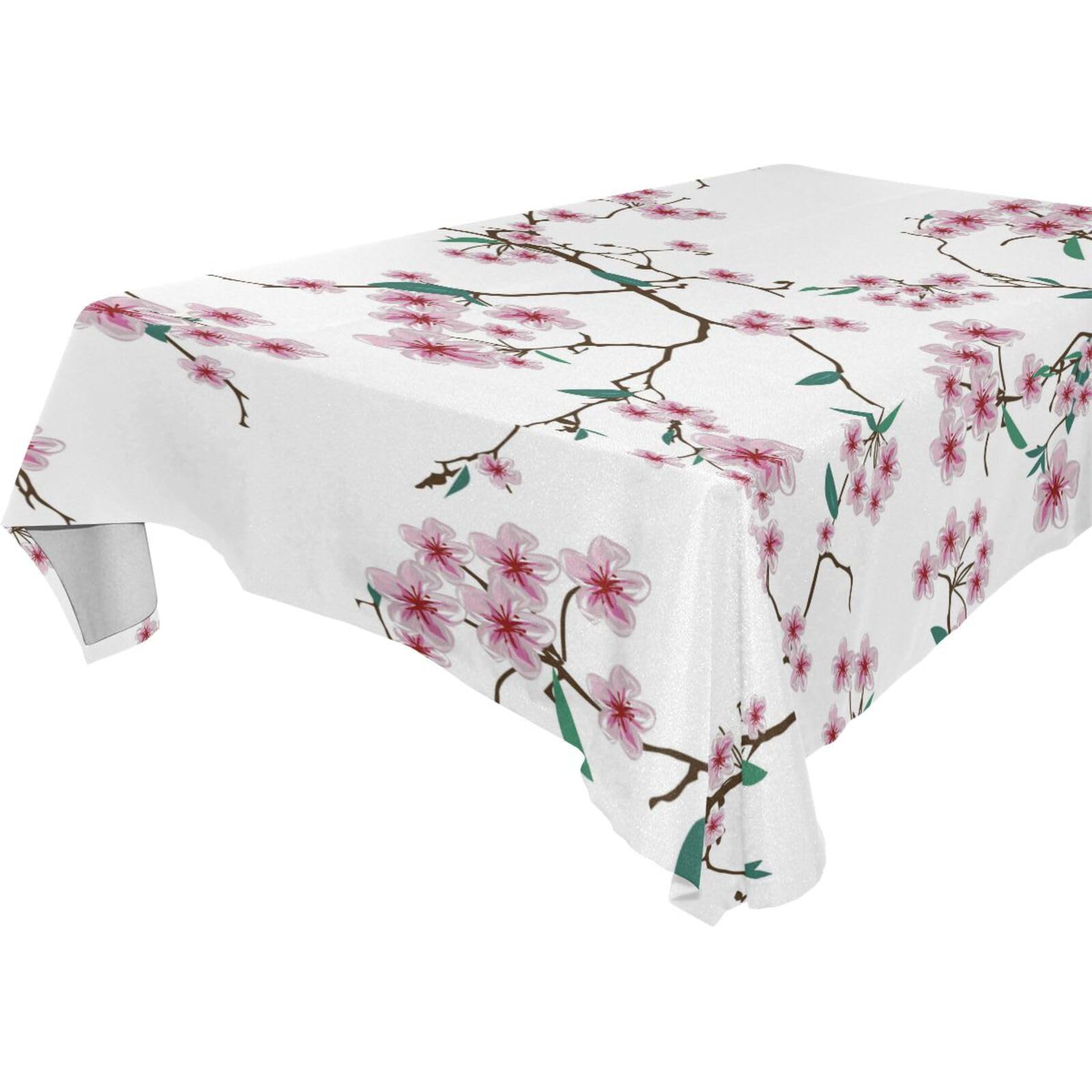 Elegant Pink and Green Cherry Blossom Square Tablecloth - 54 Inch Polyester Table Cover for Dinner Party, Wedding, Spring Decor & Home Dining Decorations