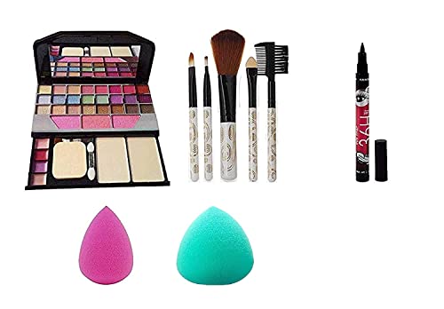 ASSURE TYA Fashion 6155 Professional Multicolor Makeup Kit with 5 White Lightweight Brushes, 36H Waterproof Liquid Eyeliner & 2 Pink Beauty Blenders (9-Piece Set) - Perfect for Travel, Bridal & Everyday Makeup Looks