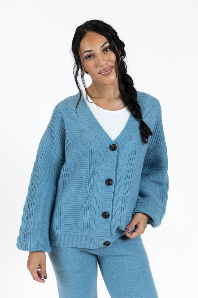 Real Karma Blue Cable Knit Cardigan Sweater for Women - Cozy Winter Pullover, Soft Chunky Knit Open Front Long Cardigan - Perfect for Casual Outfits, Office Wear & Holiday Season