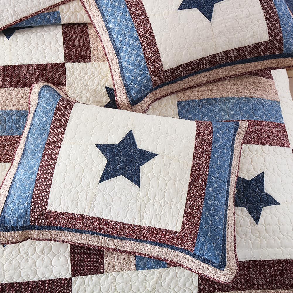 3-Piece Cotton Reversible Quilt Set for All Seasons - Queen Size Star Patchwork Bedspread | Boys' Bedroom Decor & Cozy Home Comfort