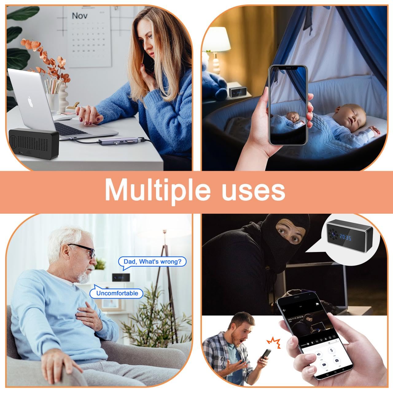 Bewinner 1080P WiFi Hidden Camera Alarm Clock - Home Security Camera with Audio & Motion Detection, Remote Monitoring Nanny Cam for Indoor Surveillance, Baby Monitoring & Office Security