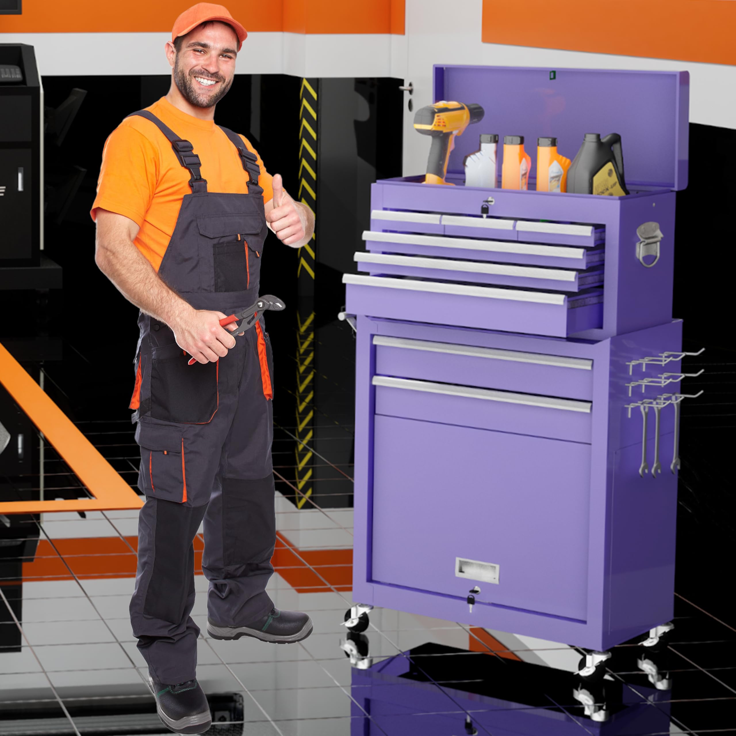 8-Drawer Rolling Tool Chest with Wheels - Detachable Metal Tool Cabinet with Locking Top Tool Box for Garage, Workshop & Auto Repair | Heavy-Duty Storage for Tools & Equipment (Purple)