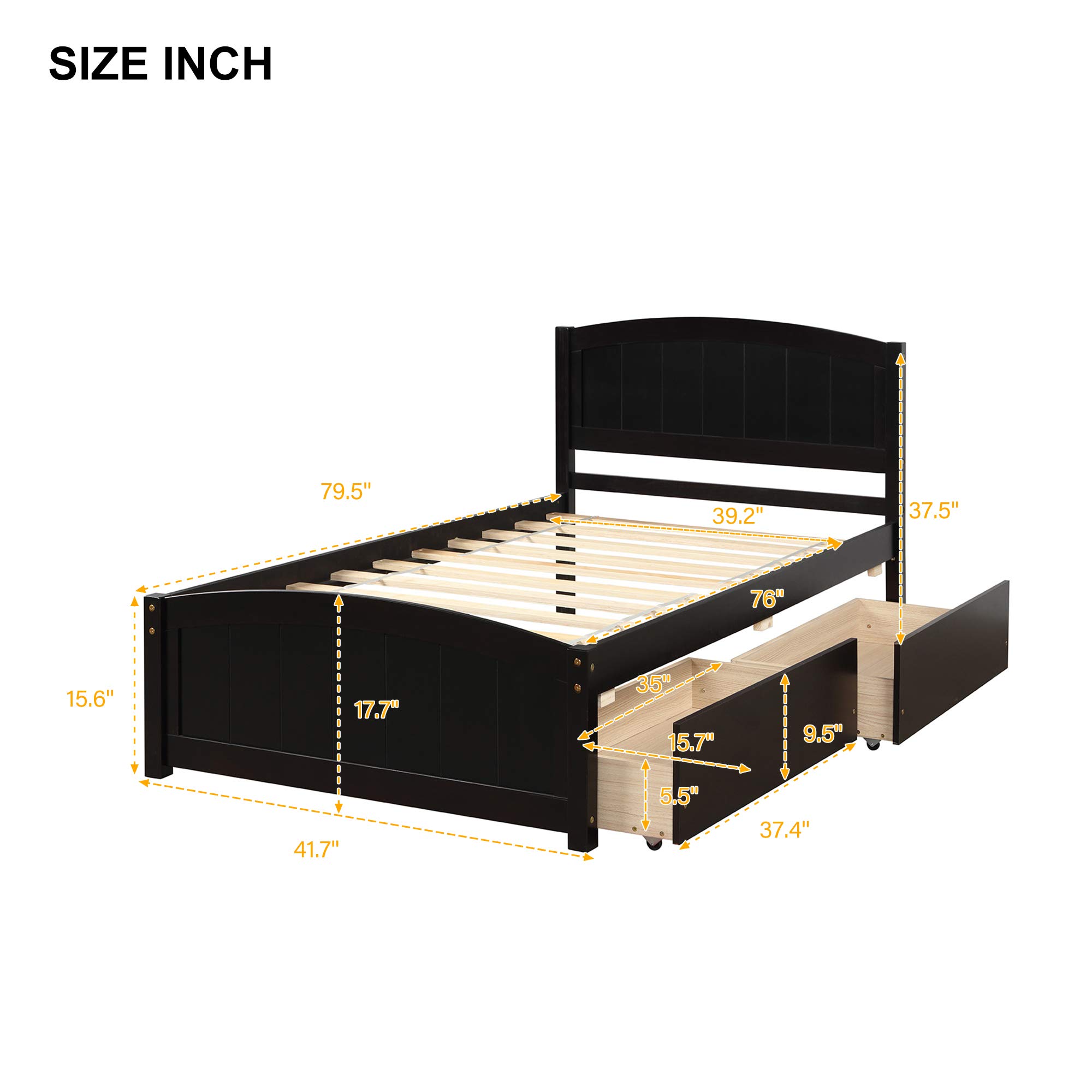 Merax Solid Wood Twin Size Platform Bed Frame with 2 Storage Drawers - No Box Spring Needed, Espresso Finish - Perfect for Small Bedrooms, Guest Rooms & Kids' Rooms