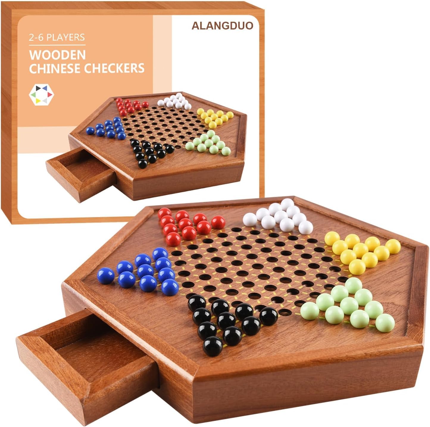 12.7 Inch Natural Wood Chinese Checkers Board Game with Storage Drawers - Includes 60 Colorful Glass Marbles & 12 Bonus Spare Marbles - Classic Family Board Game for Kids and Adults - Perfect for Game Nights, Parties, and Indoor Family Fun