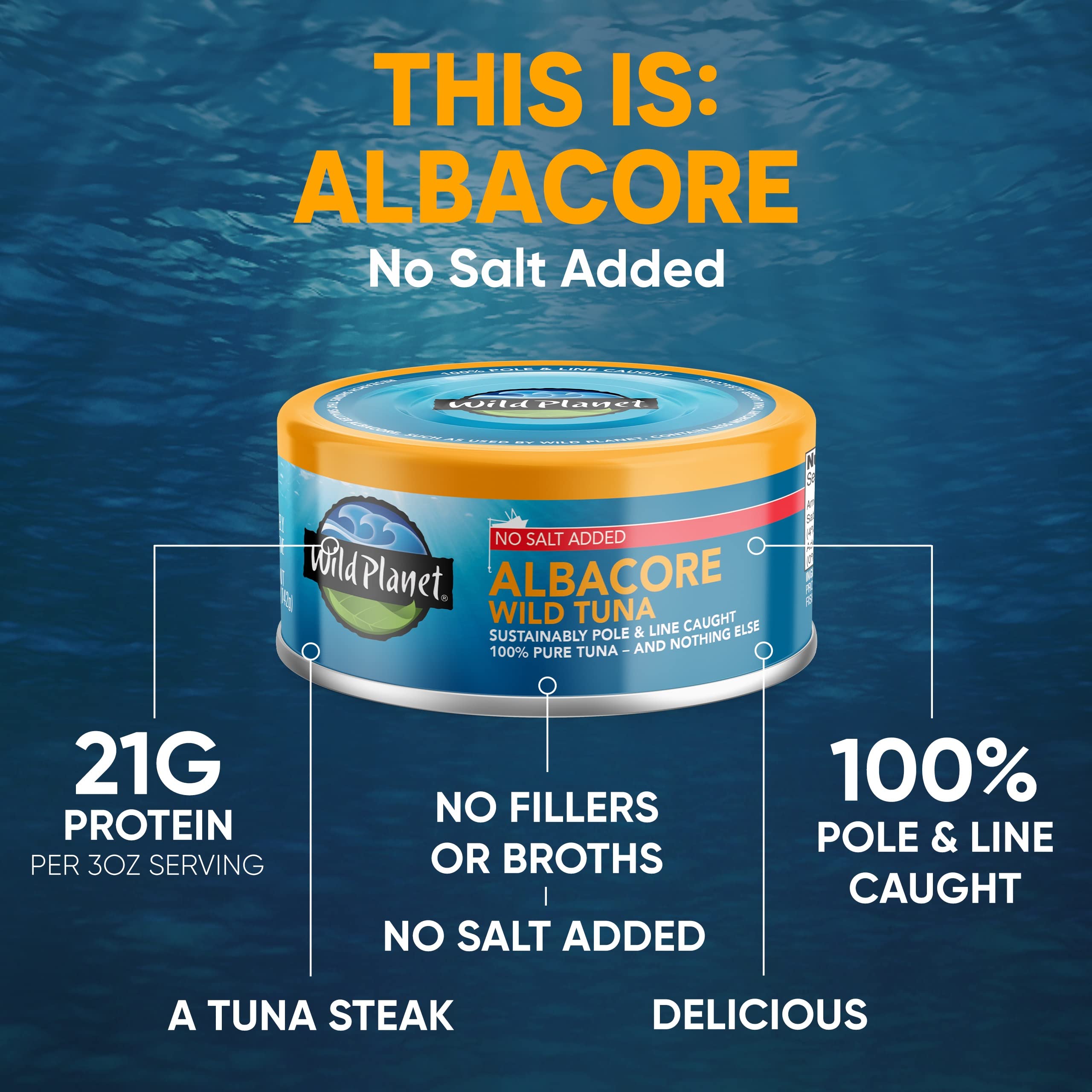 Wild Planet Wild Albacore Tuna - No Salt Added, Sustainably Caught, Non-GMO, Kosher, Gluten Free - Keto & Paleo Friendly Canned Tuna (5oz Can) - Perfect for Salads, Sandwiches & Healthy Meal Prep