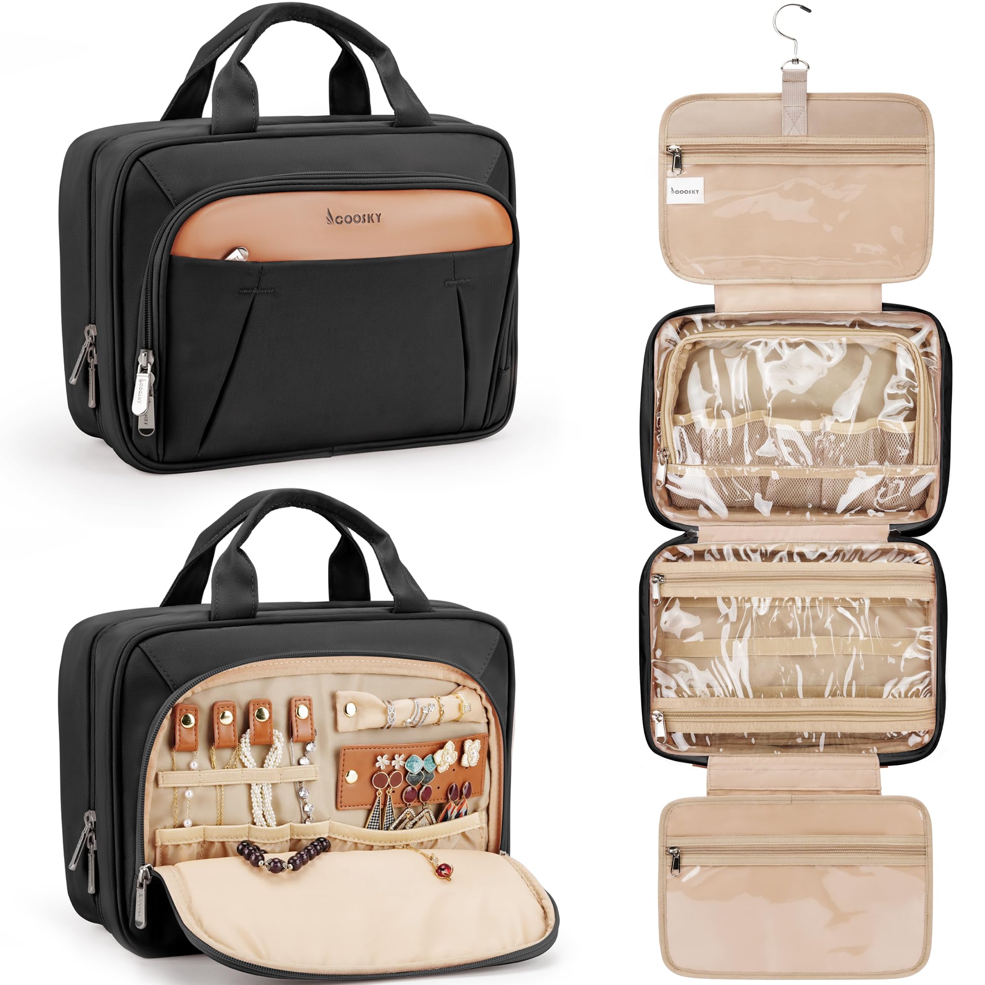 Waterproof Hanging Travel Toiletry Bag for Women & Men with Jewelry Organizer & Trolley Belt - Cosmetic Essentials & Makeup Accessories Dopp Kit - Perfect for Airplane, Gym, Camping & Business Trips (Black)