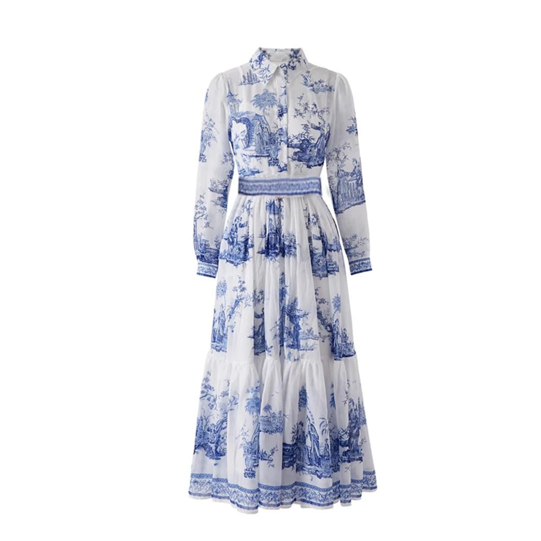 Vintage Floral Print A-Line Midi Dress for Women - Elegant Office Work Dress with Long Sleeves | Perfect for Spring Workwear, Business Casual, and Special Occasions