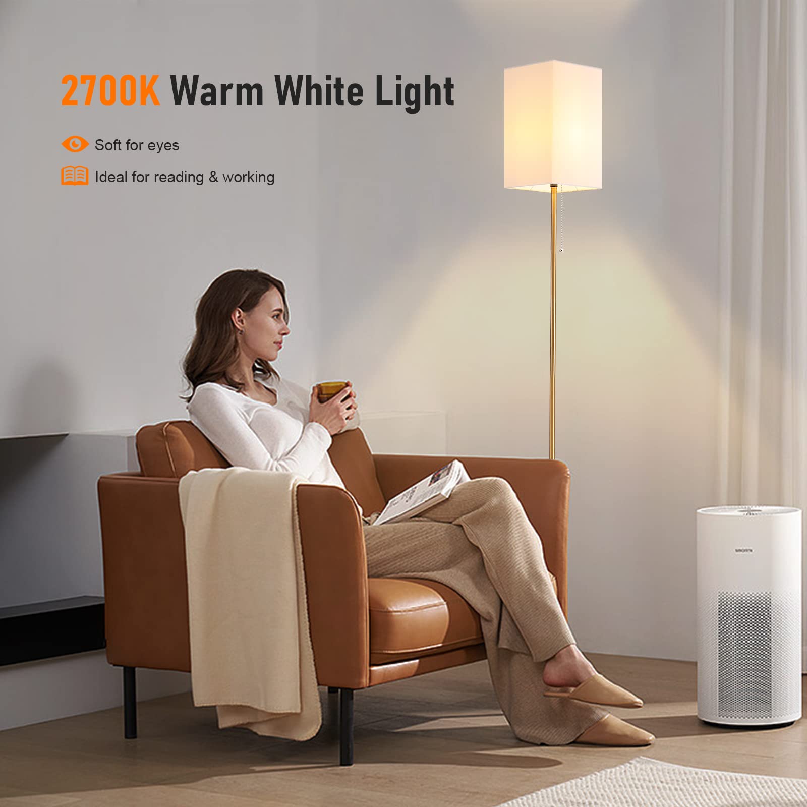Modern Floor Lamp with Linen Shade - Tall Standing Lamp for Living Room, Bedroom, Office & Kids Room | LED Bulb Included | Perfect for Reading, Working & Home Decor