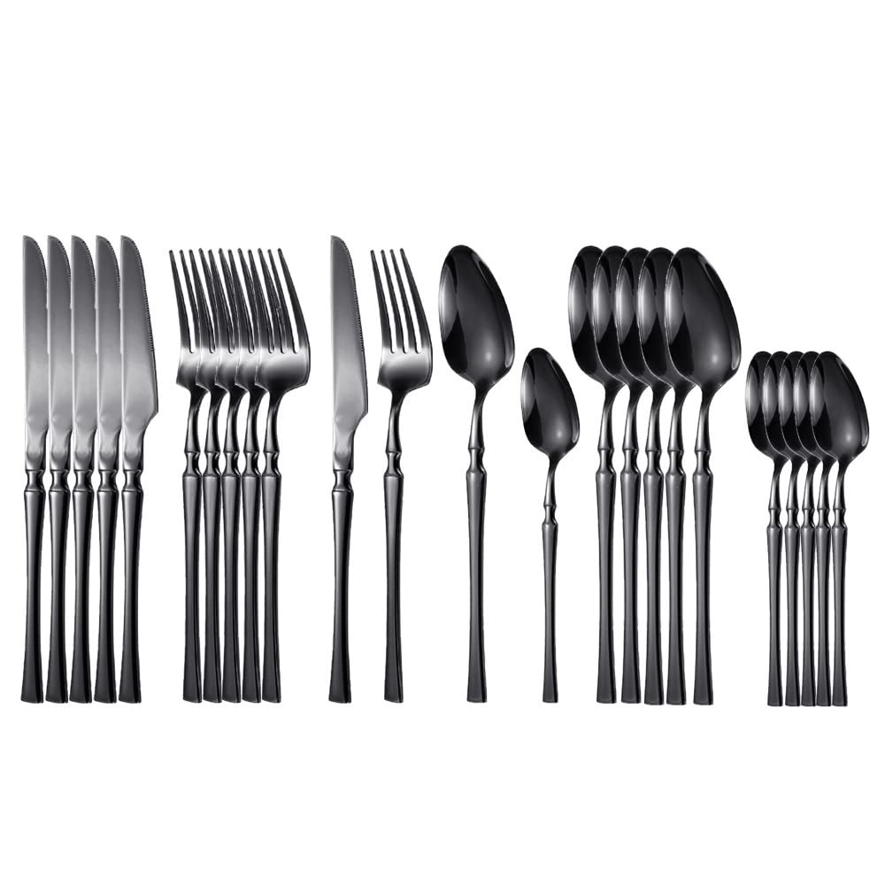 Premium 24-Piece Stainless Steel Silverware Set - Elegant Black Flatware for 6, Dishwasher Safe Dinnerware (Knives, Forks, Spoons) - Perfect for Fine Dining, Dinner Parties & Everyday Use