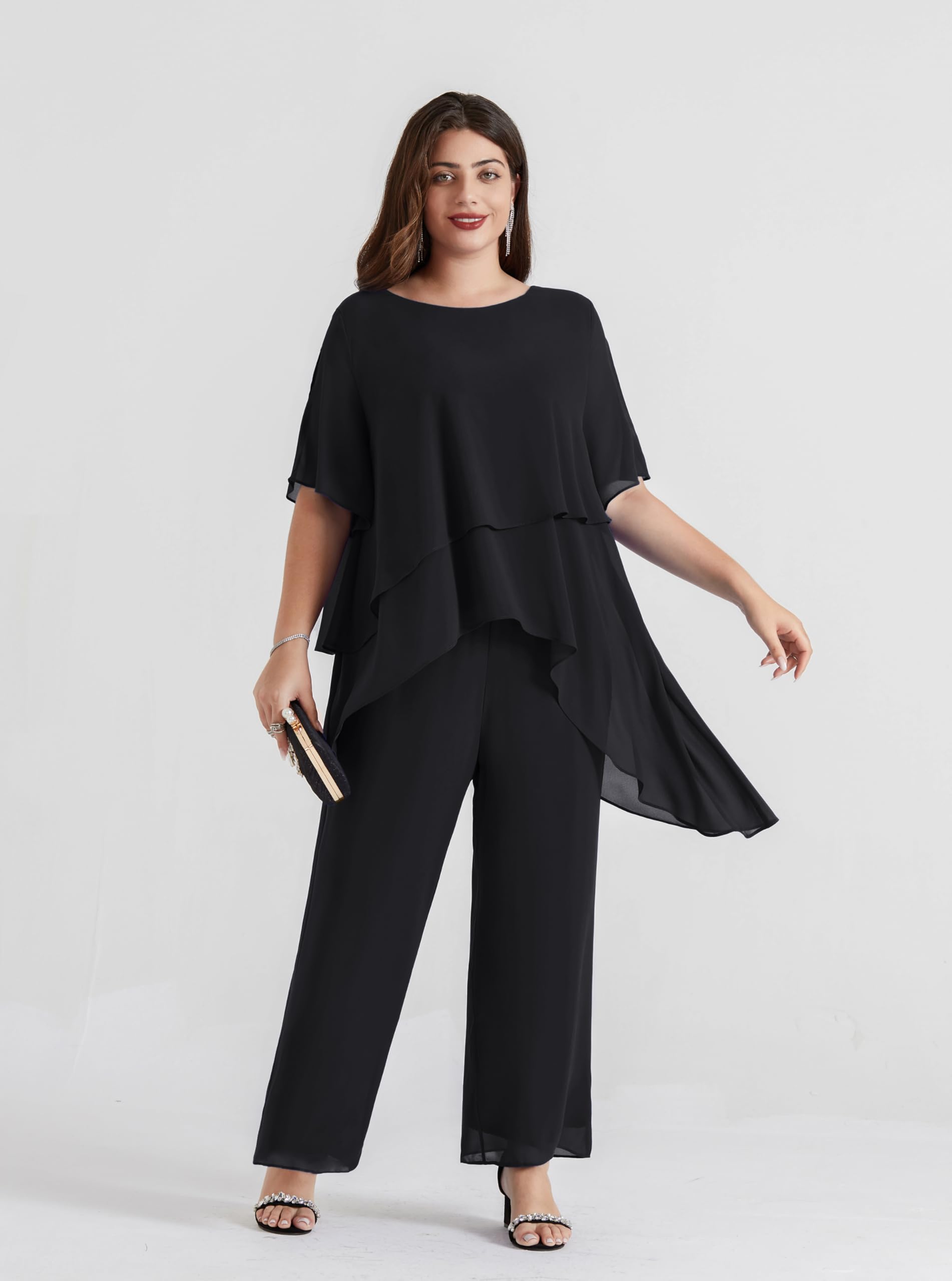 Hanna Nikole 2025 Plus Size Mother of The Bride Pant Suit 2-Piece Chiffon Set with Ruffle Asymmetric Layers - Elegant Wedding Guest Outfit for Formal Occasions, Rehearsal Dinners & Special Events