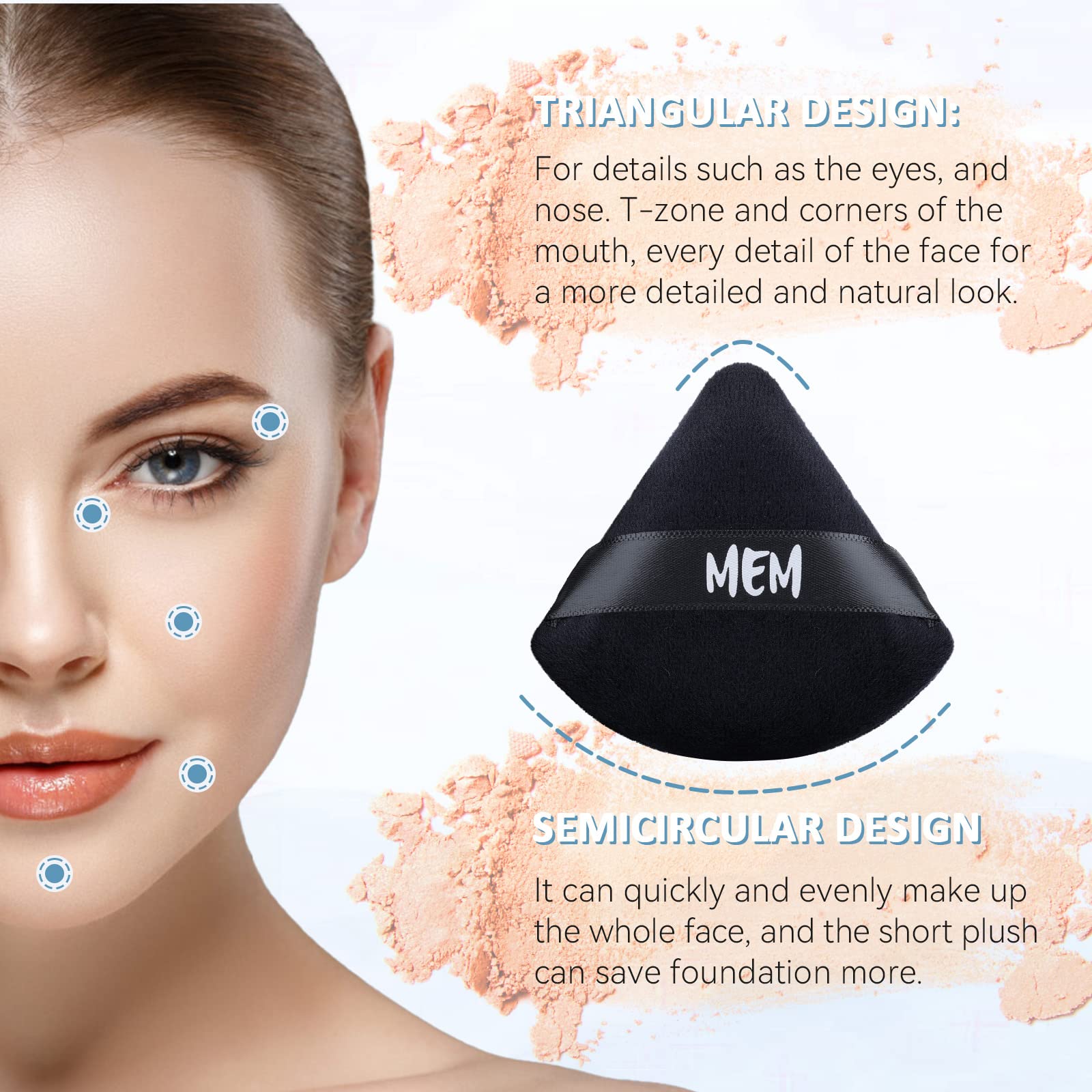 8-Piece MEM Triangle Powder Puff Set - Soft Velour Makeup Sponges for Loose & Pressed Powder Application (Wet/Dry Use) | Skin-Friendly Beauty Blenders with Satin Ribbon Handle | Perfect for On-the-Go Touchups & Professional Makeup Application