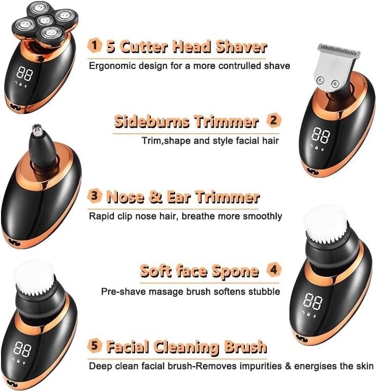 5-in-1 Electric Shaver for Men - 5D Floating Head Beard Trimmer & Nose Hair Clipper with LCD Display | Wet/Dry Cordless Shaving for Travel & Daily Grooming