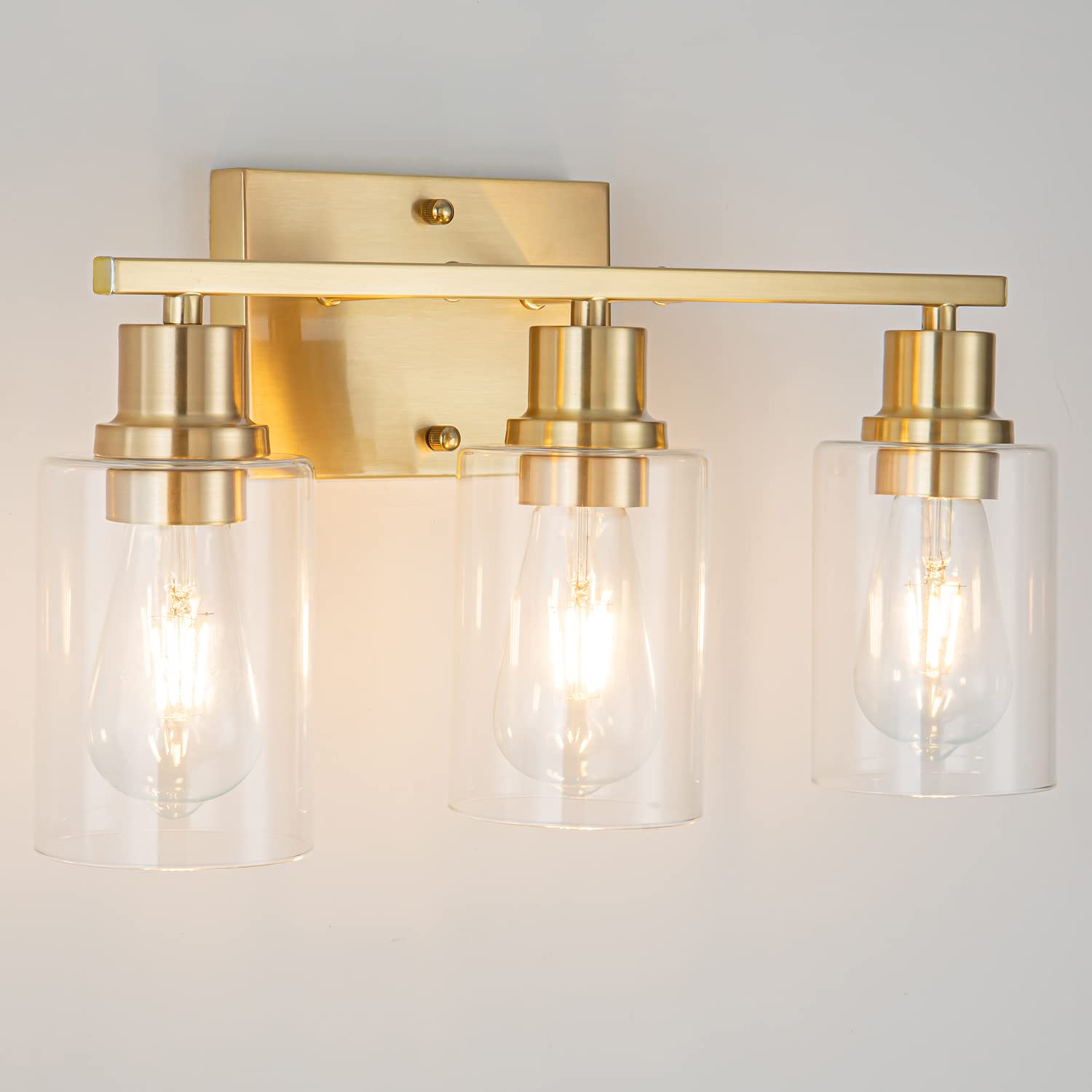 3-Lights Gold Bathroom Vanity Light Fixture - Brushed Brass Modern Wall Sconce with Clear Glass Shade - Elegant Lighting for Bathroom, Living Room, Bedroom & Hallway - Perfect for Makeup Vanity, Dressing Area and Home Decor