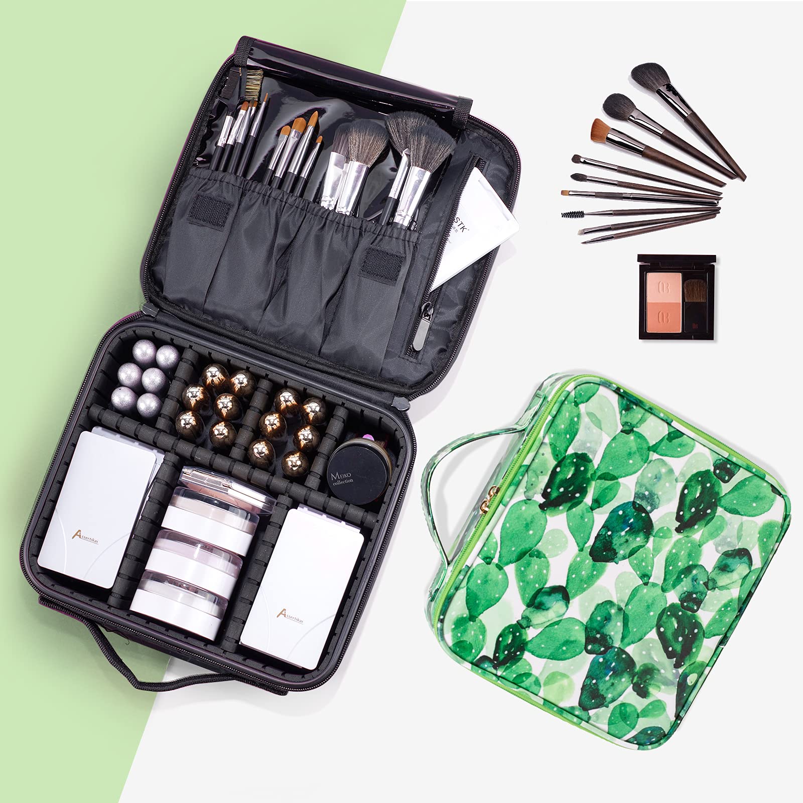 Portable Makeup Train Case with Adjustable Compartments - Cactus Cosmetic Organizer Bag for Women | Perfect for Travel, Makeup Brush Storage, Toiletry & Jewelry Organization | Great for Professional Artists & Digital Accessories Storage