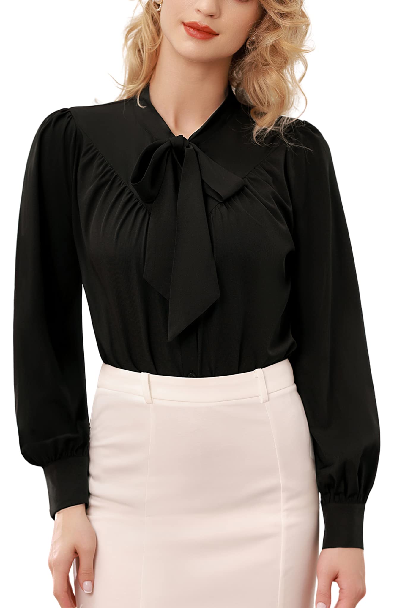 Belle Poque Women's Lantern Sleeve Button-Down Blouse with Pleated Collar - Elegant Long Sleeve Work Shirt for Office, Business Casual & Formal Occasions