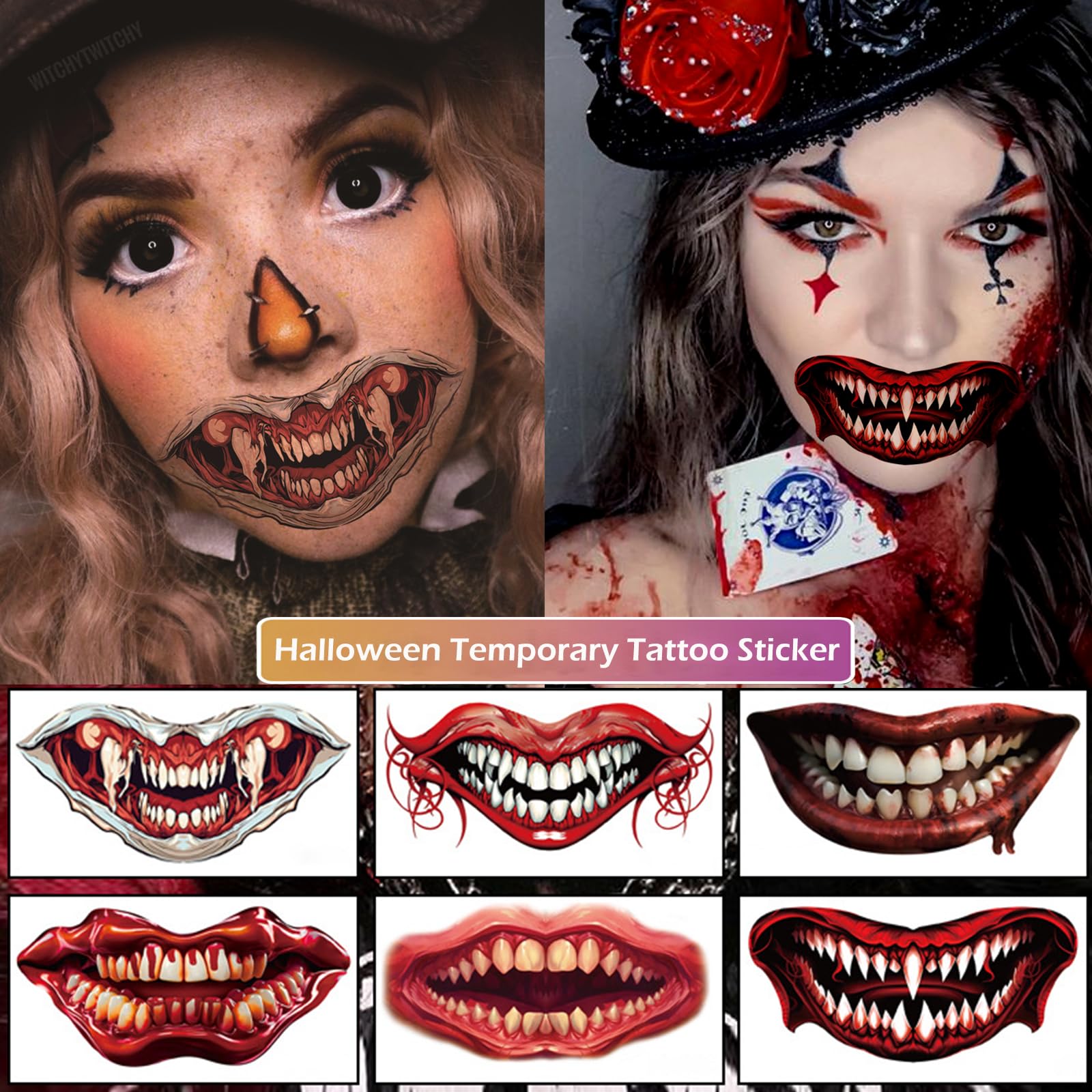 Waterproof Fake Zombie Scar Tattoos & Vampire Teeth Kit - 30 Sheets Halloween Makeup Stickers with Spider & Mouth Designs for Cosplay, Costume Parties, Horror Events & Scary Movie Nights