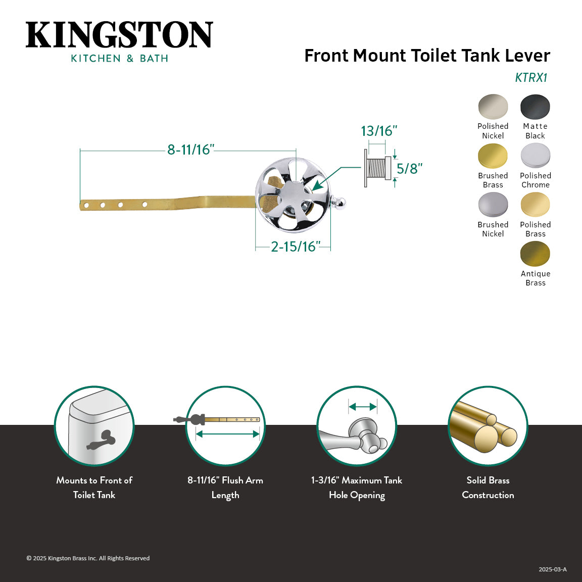 Belknap KTRX7 Brushed Brass Front Mount Toilet Tank Lever - Durable Replacement for Toilet Flush Handle, Perfect for Bathroom Renovation & Home Improvement Projects