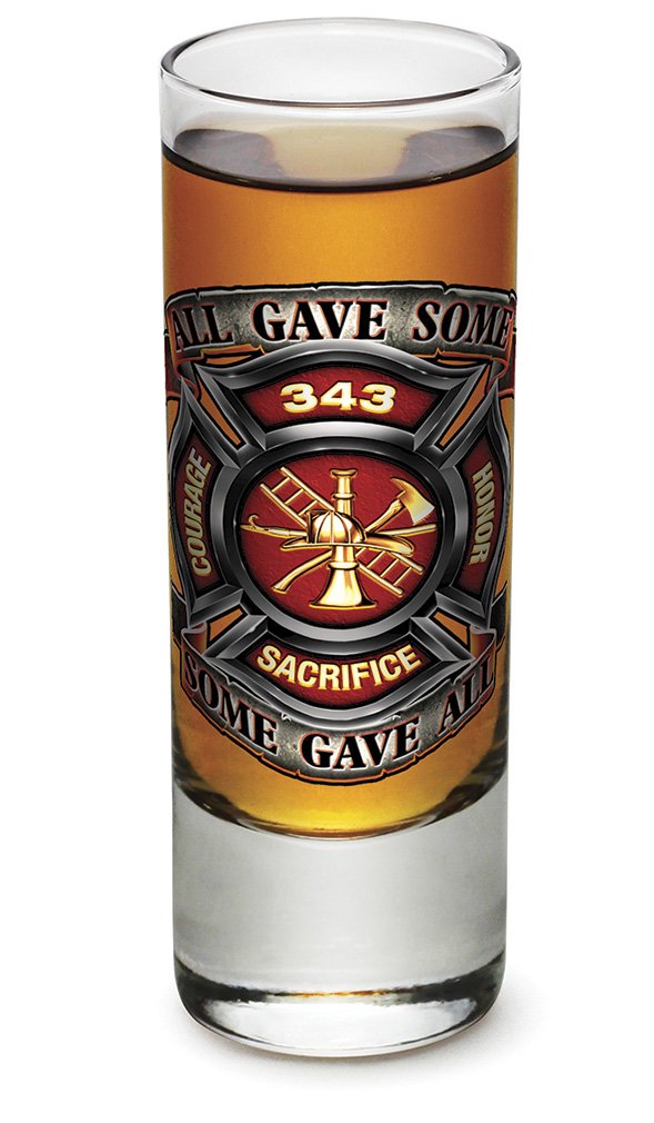 Firefighter Shot Glass Set of 24 - 2oz Heavy Base Tall Mini Whiskey Glasses for Liquor, Tequila, Vodka & Spirits - Fire Department Tribute with 'Honor Courage Sacrifice 343' Badge - Perfect for Bars, Parties, Memorial Events & Gift Giving