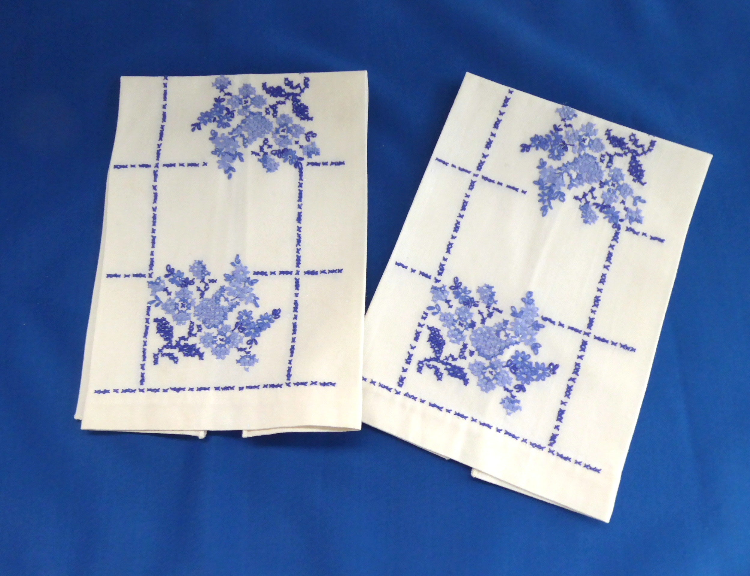 Vintage 1940s Blue and White Floral Hand Embroidered Cross Stitch Guest Towel Pair - Perfect for Bathroom Decor, Vintage Home Accents & Wedding Gifts
