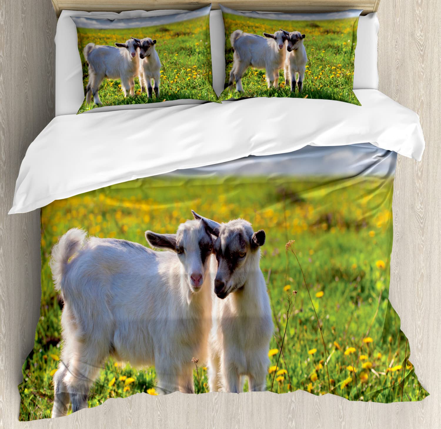 Lunarable Goat Duvet Cover Set - Queen Size 2-Pack with 2 Duvet Covers & 4 Pillowcases, Floral Meadow Design Featuring 2 Goats in Fern Green & Sky Blue - Perfect for Summer Bedroom Decor, Farmhouse Style Home, and Cozy Guest Room Makeover