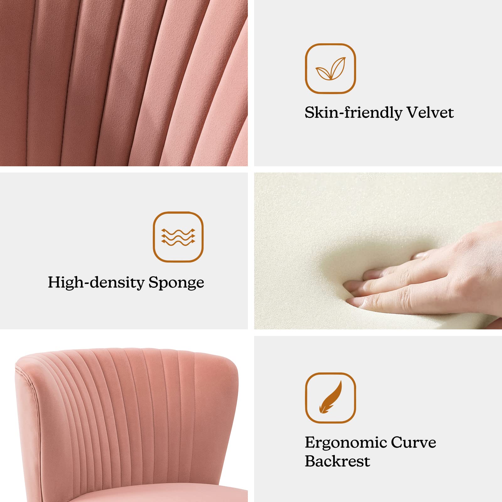 Monica Velvet Armless Side Chair Set of 2 - Upholstered Accent Chairs with Golden Legs, Mid Century Modern Wingback Slipper Chairs for Living Room, Bedroom & Guest Room - Blush Pink - Perfect for Home Decor, Lounge Seating & Elegant Gatherings
