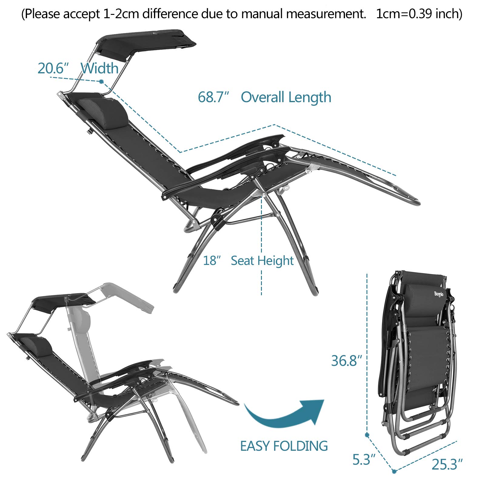 Bonnlo Zero Gravity Lounge Chair with Adjustable Canopy - Folding Recliner with Cup Holder & Headrest - Patio, Beach & Garden Outdoor Relaxation (Blue/Black, 2-Pack) - Perfect for Poolside Lounging, Backyard Sunbathing & Camping Comfort