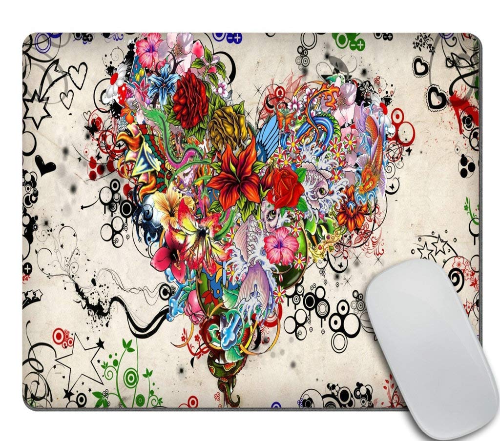 Tattoo Heart Design Gaming Mouse Pad - Non-Slip Rubber Base & Smooth Fabric Surface for PC, Laptop, Mac - Perfect for Gamers, Office Work & Home Use