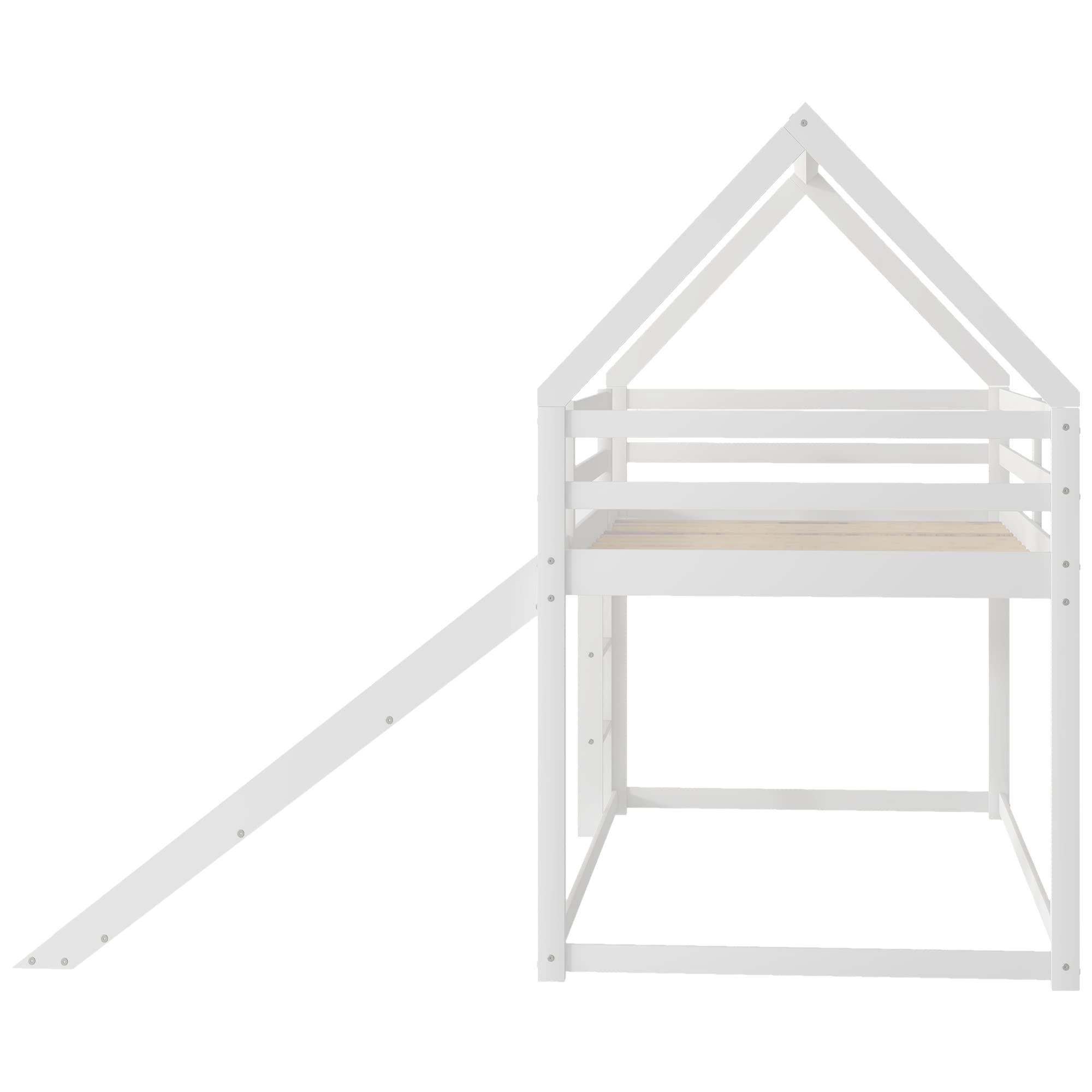 Harper & Bright Designs Twin Over Twin Bunk Bed with Convertible Slide, Ladder, Roof & Safety Guardrails - Kids Floor Bunk Bed in White | Perfect for Small Bedrooms, Sleepovers & Space-Saving Kids' Rooms