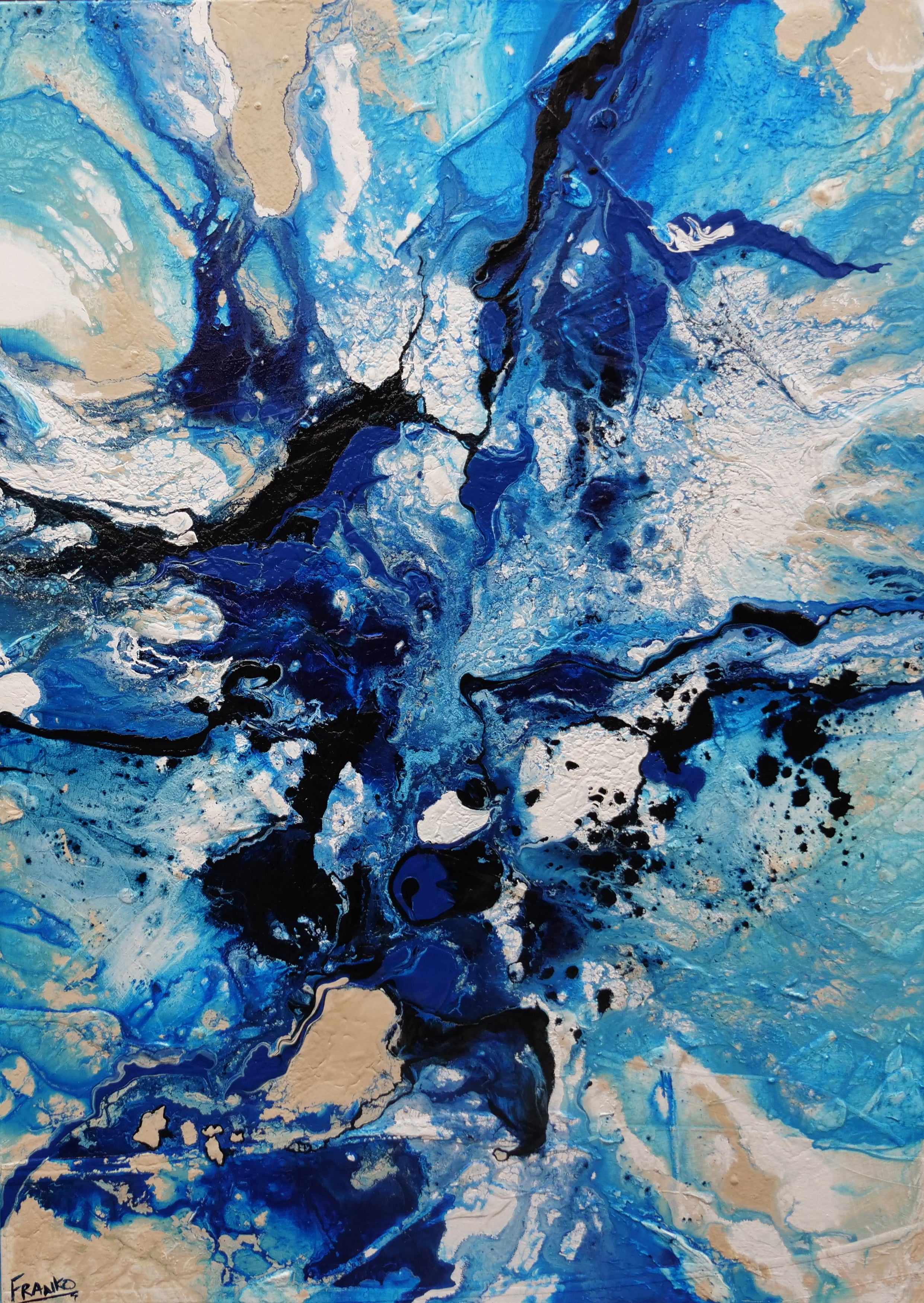 140cm x 100cm Blue Cream Textured Abstract Ocean Painting - Modern Wall Art for Living Room, Bedroom & Office Decor